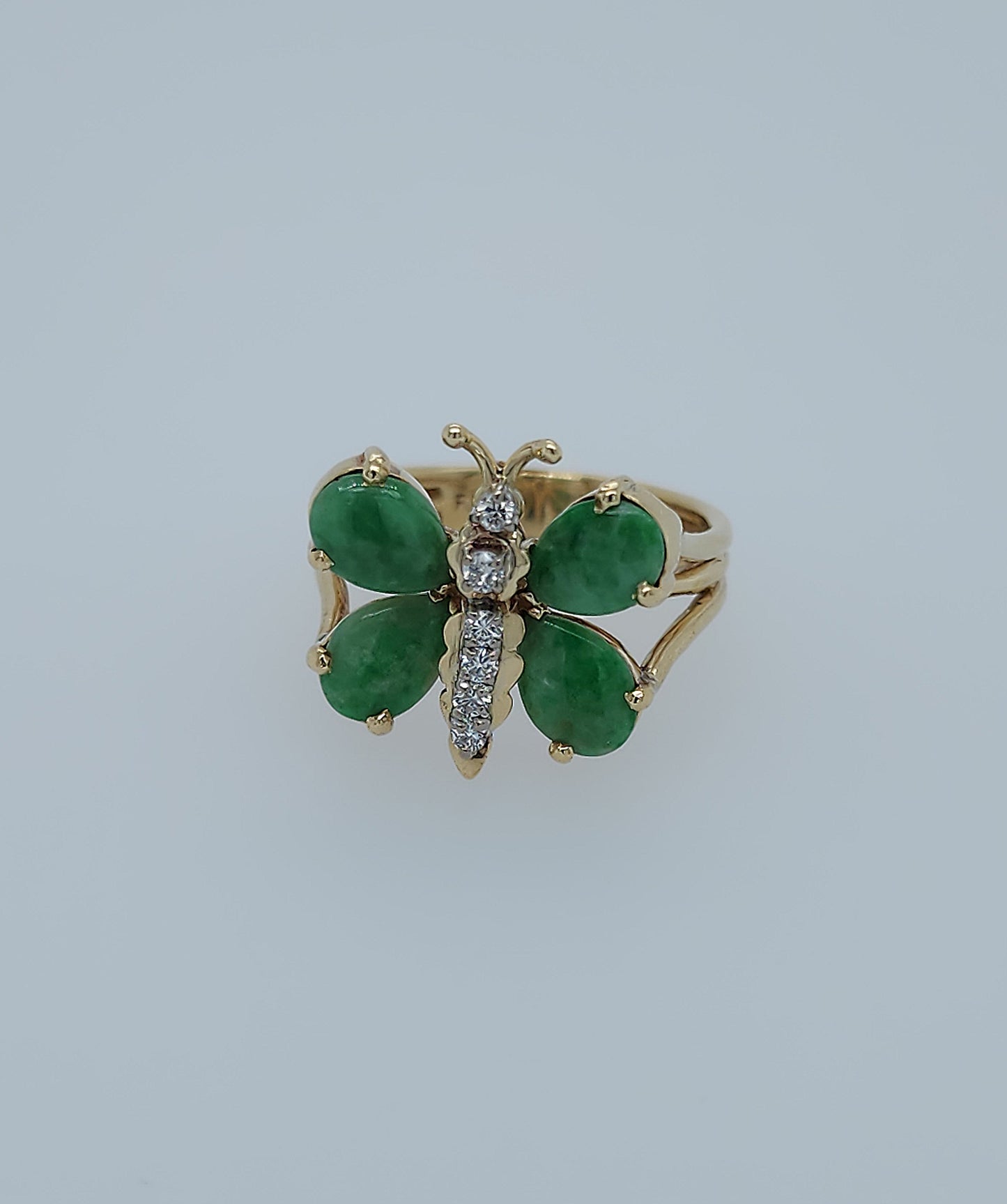 Vintage Jade and Diamond Butterfly Ring in 14k Yellow Gold