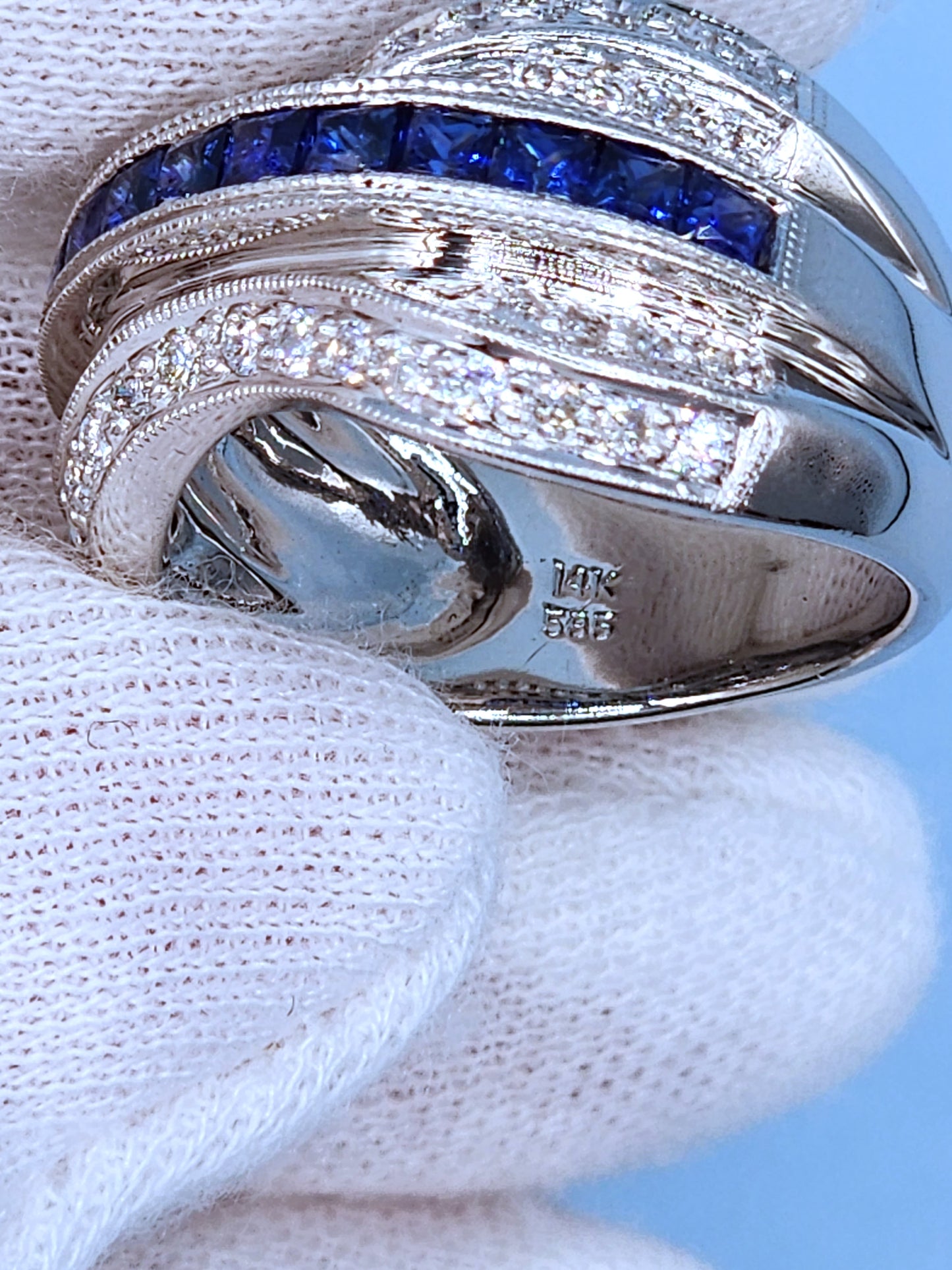 14k White Gold Wide Wave Band Ring with 1.30 Carat Princess Cut Sapphires & 0.50 Carat Round Diamonds