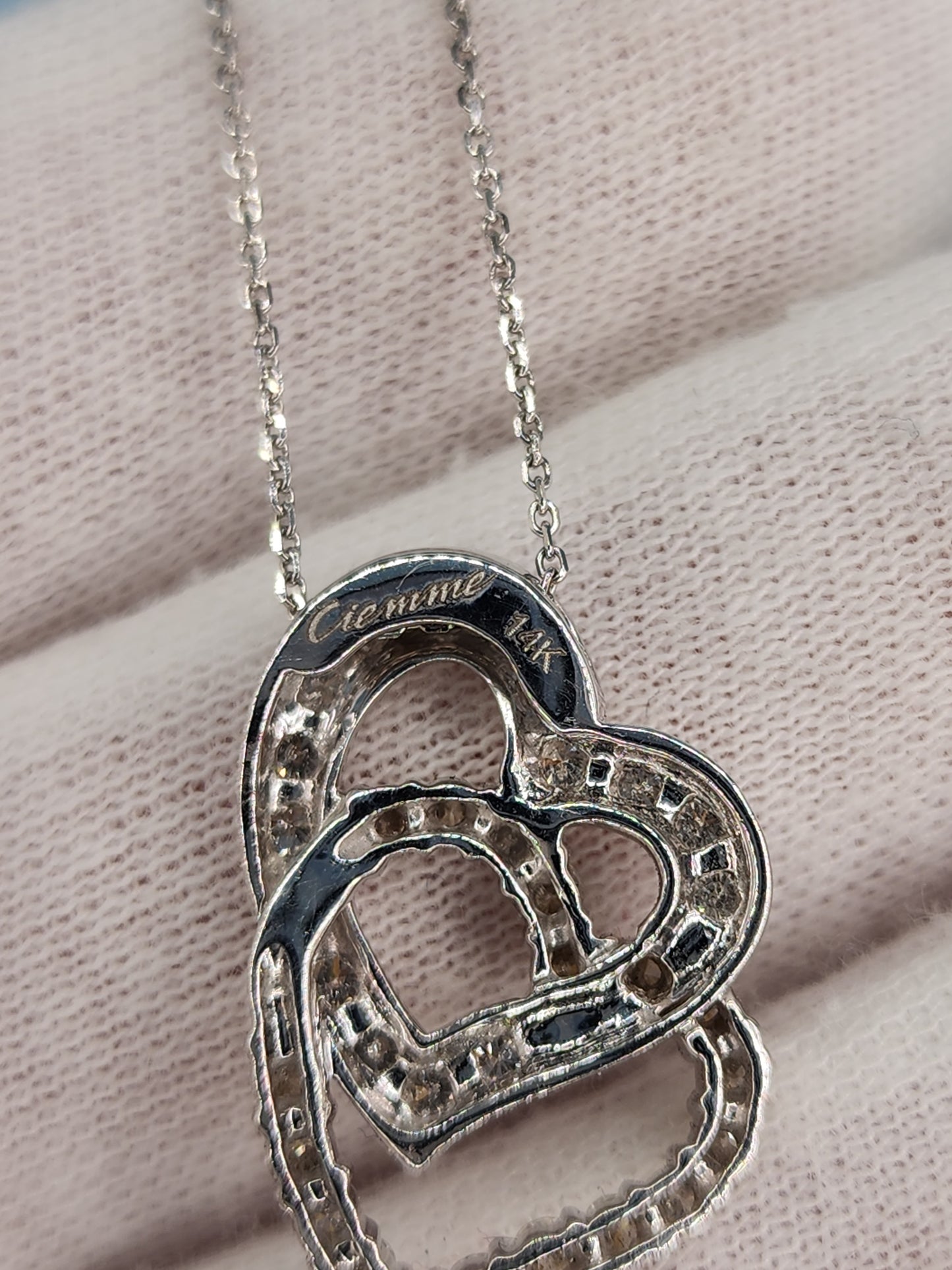 14k White Gold Double Open Interlocked Heart Pendant with Hidden Bail & 1 Carat t.w. Diamonds on 18" Diamond-Cut Cable Chain