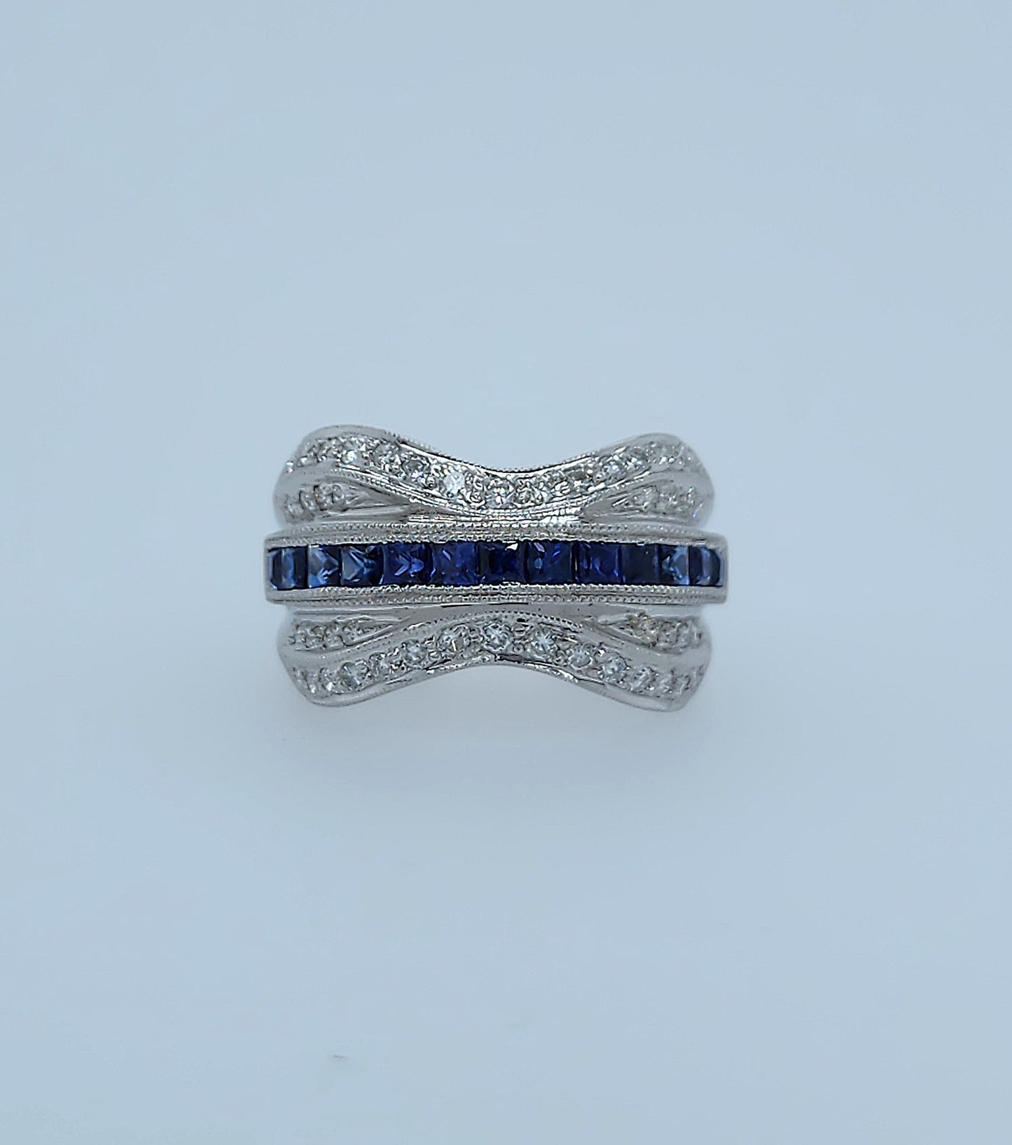 14k White Gold Wide Wave Band Ring with 1.30 Carat Princess Cut Sapphires & 0.50 Carat Round Diamonds