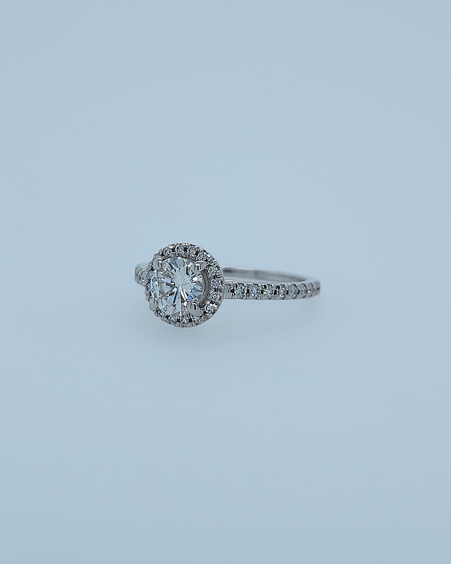14k White Gold Halo Engagement Ring with 0.66 Carat Natural Round Diamond Center & 0.25 Carat Total Weight Accent Diamonds