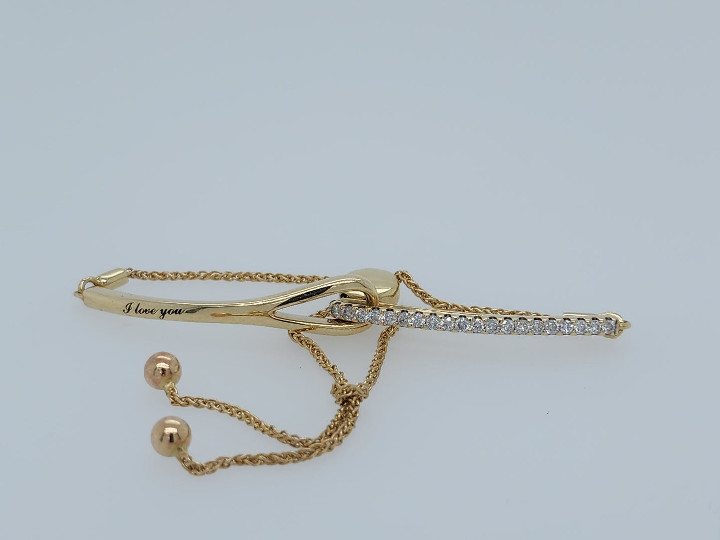 Rare 10k Yellow Gold Love + Be Loved Loop Bolo Bracelet with 1/4 Carat t.w. Diamonds and "I Love You" Engraving, Adjustable to 9.5 Inches