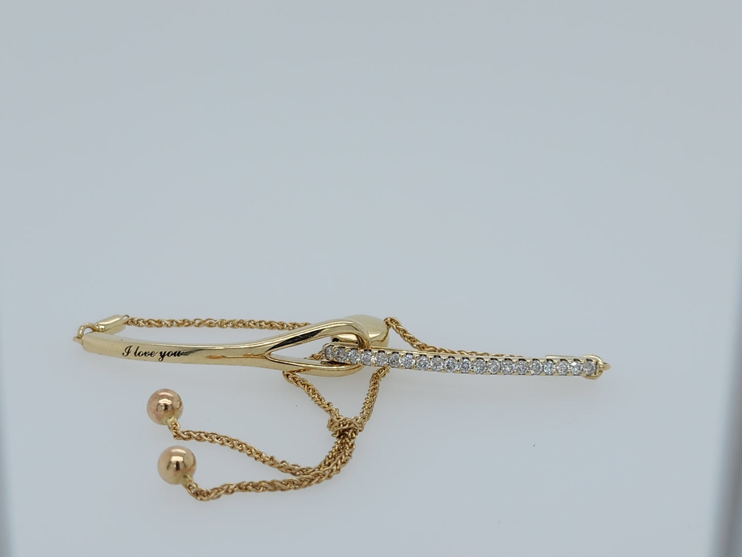 Rare 10k Yellow Gold Love + Be Loved Loop Bolo Bracelet with 1/4 Carat t.w. Diamonds and "I Love You" Engraving, Adjustable to 9.5 Inches