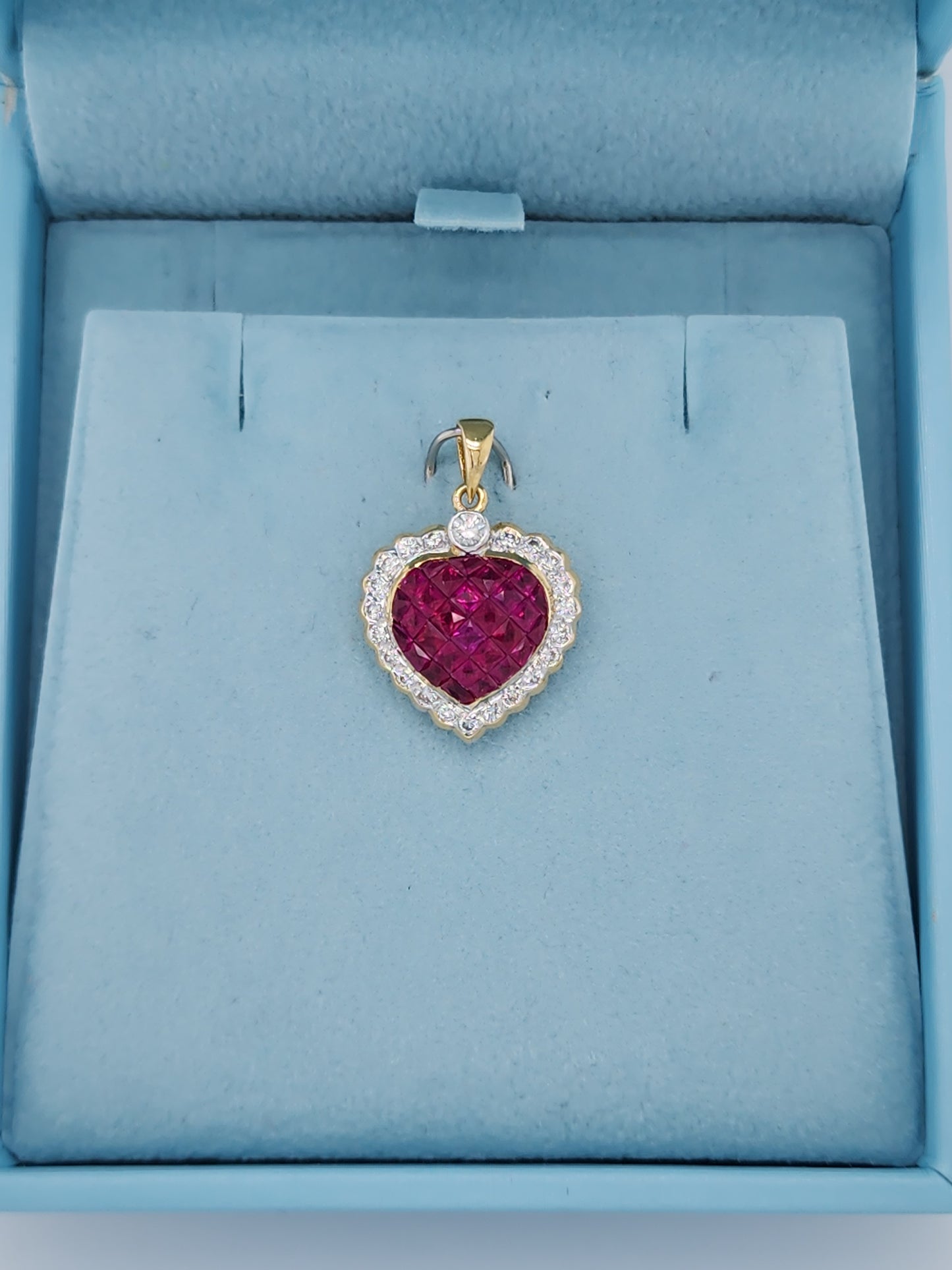 18k Yellow Gold Puffed Heart Pendant with Invisible-Set Rubies and Diamond Halo, 5/8 Carat t.w. Rubies & 1/4 Carat Diamonds