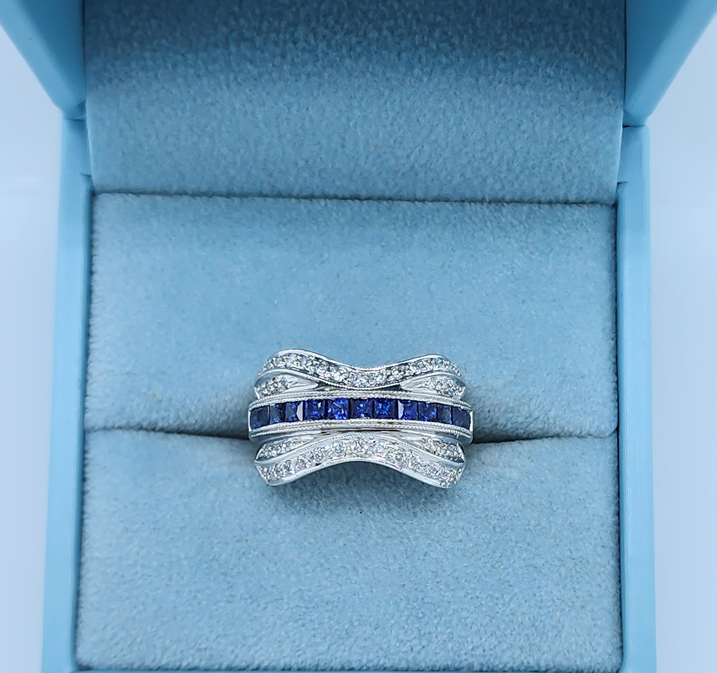 14k White Gold Wide Wave Band Ring with 1.30 Carat Princess Cut Sapphires & 0.50 Carat Round Diamonds