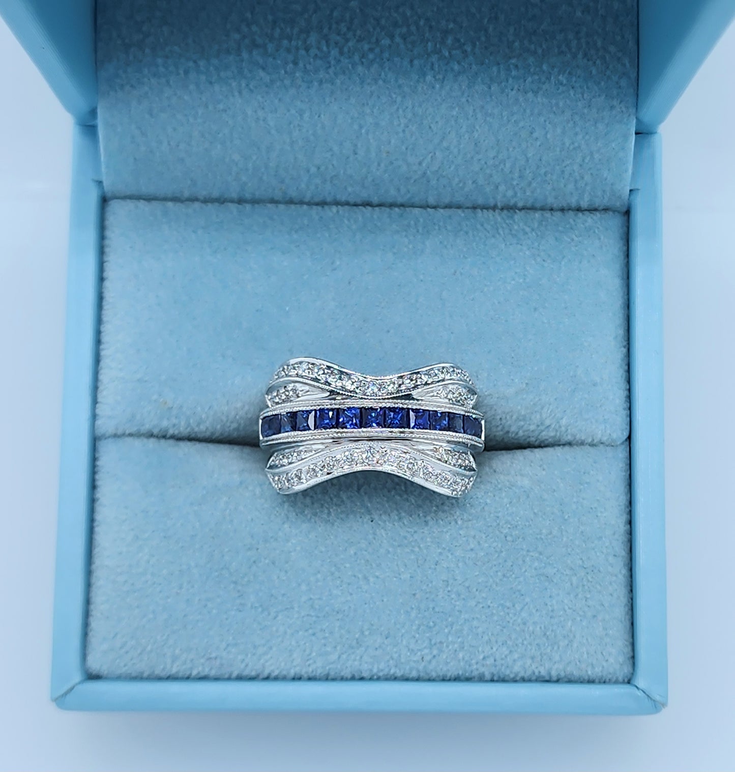14k White Gold Wide Wave Band Ring with 1.30 Carat Princess Cut Sapphires & 0.50 Carat Round Diamonds