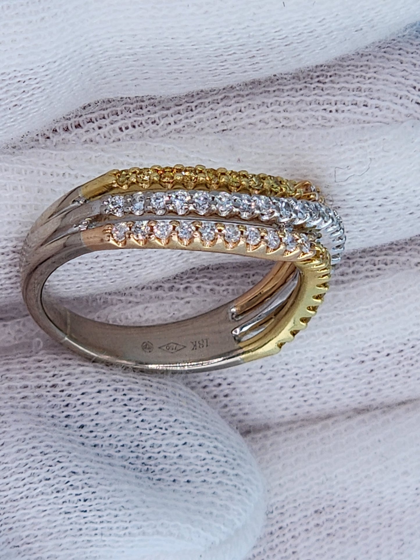 18k Tri-Color Gold 3-Row Wave Band Ring with White and Yellow Diamonds - Unique Design, Size 6.25