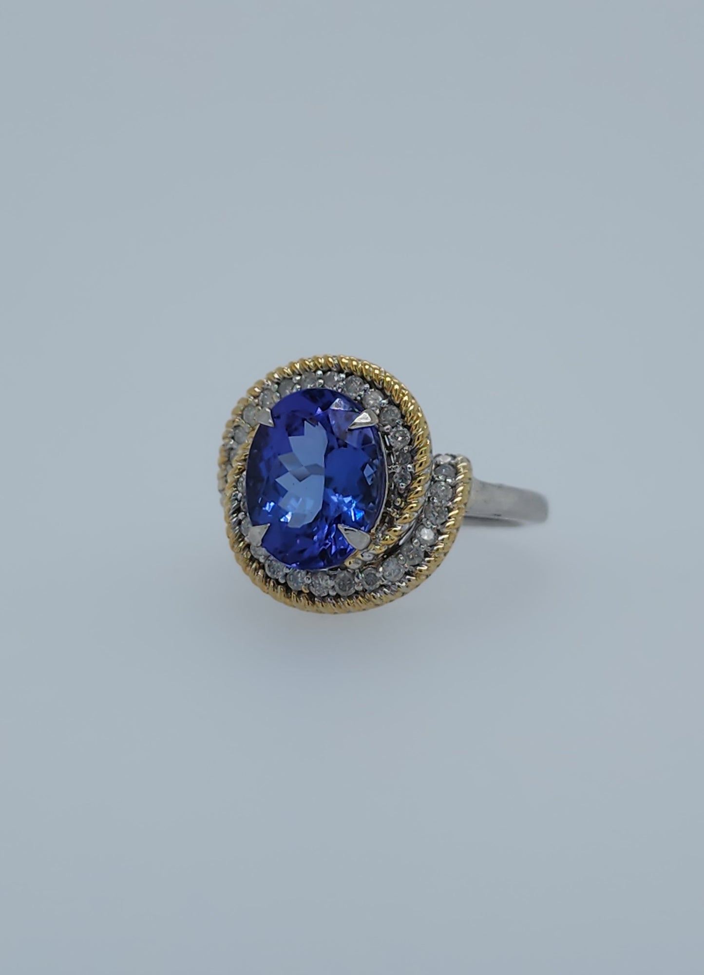 10k White Gold Halo Ring with 2.98 Carat Oval Tanzanite Wrapped in Yellow Rope Design and Diamonds – Size 6