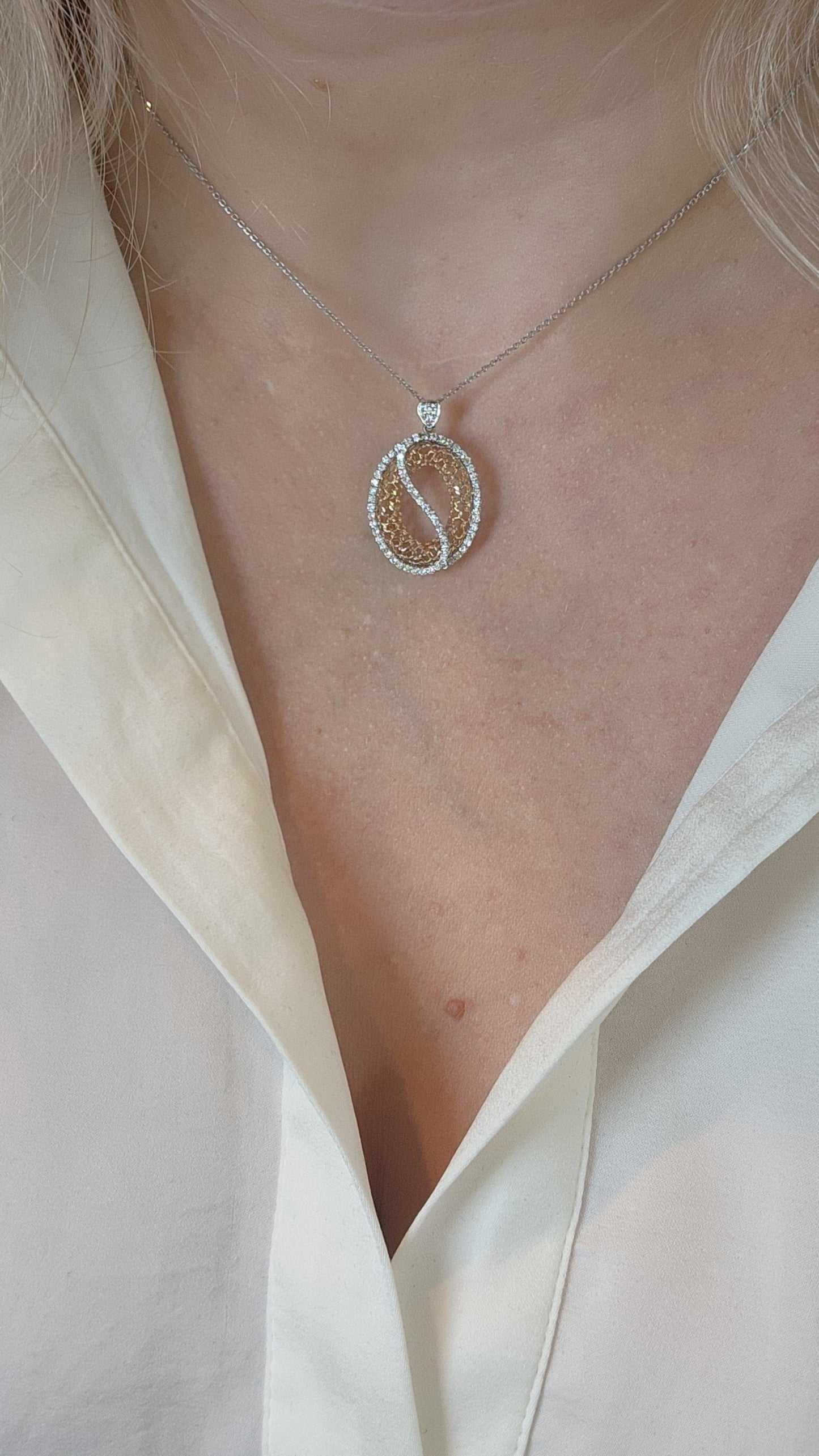 Zeghani 14k White and Rose Gold Open Diamond Pendant – Timeless Elegance