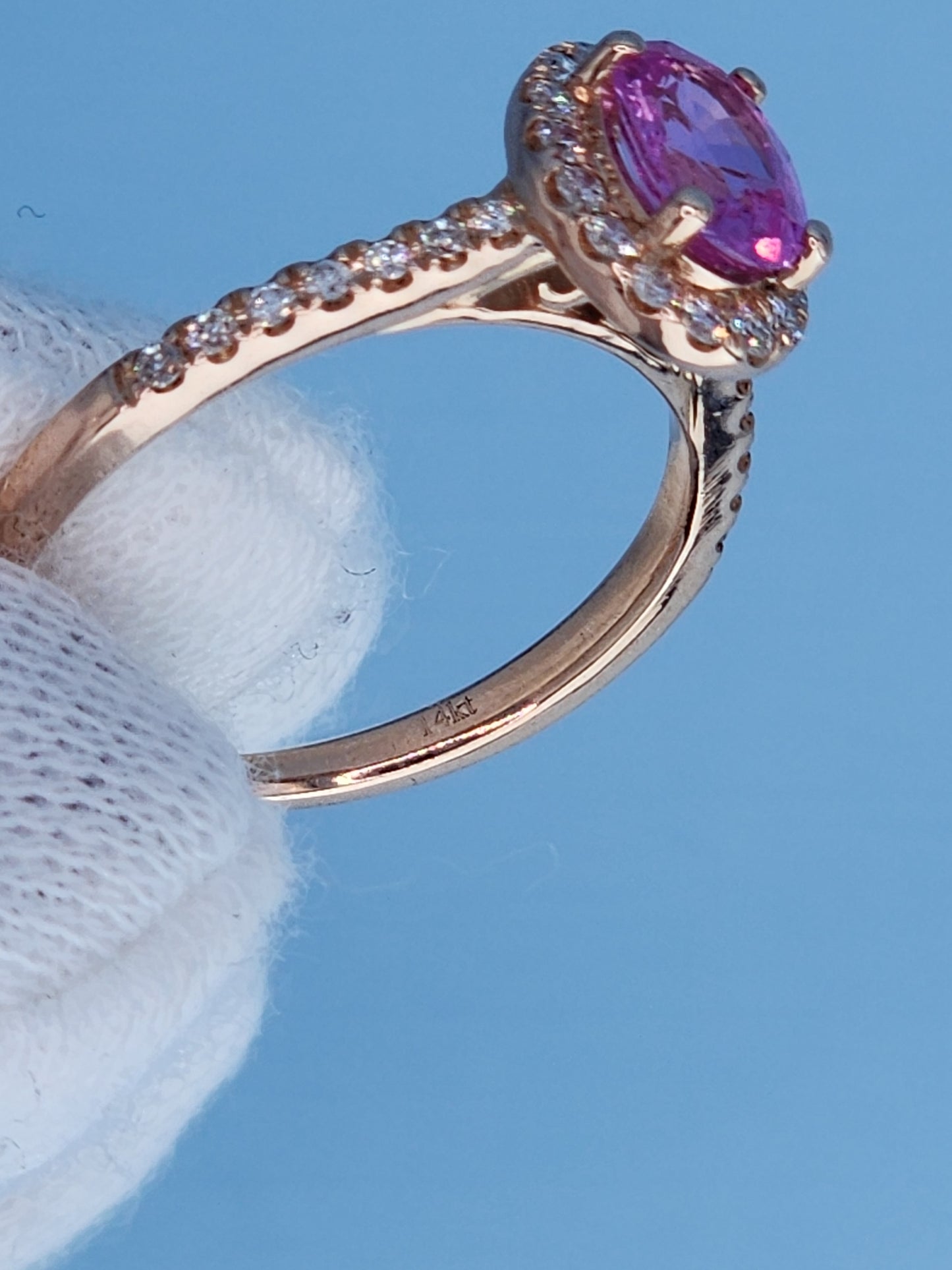 14k Rose Gold Pink Sapphire Halo Ring – Oval Cut 0.94 Carat September Birthstone Ring with Diamonds, Alternative Engagement Ring