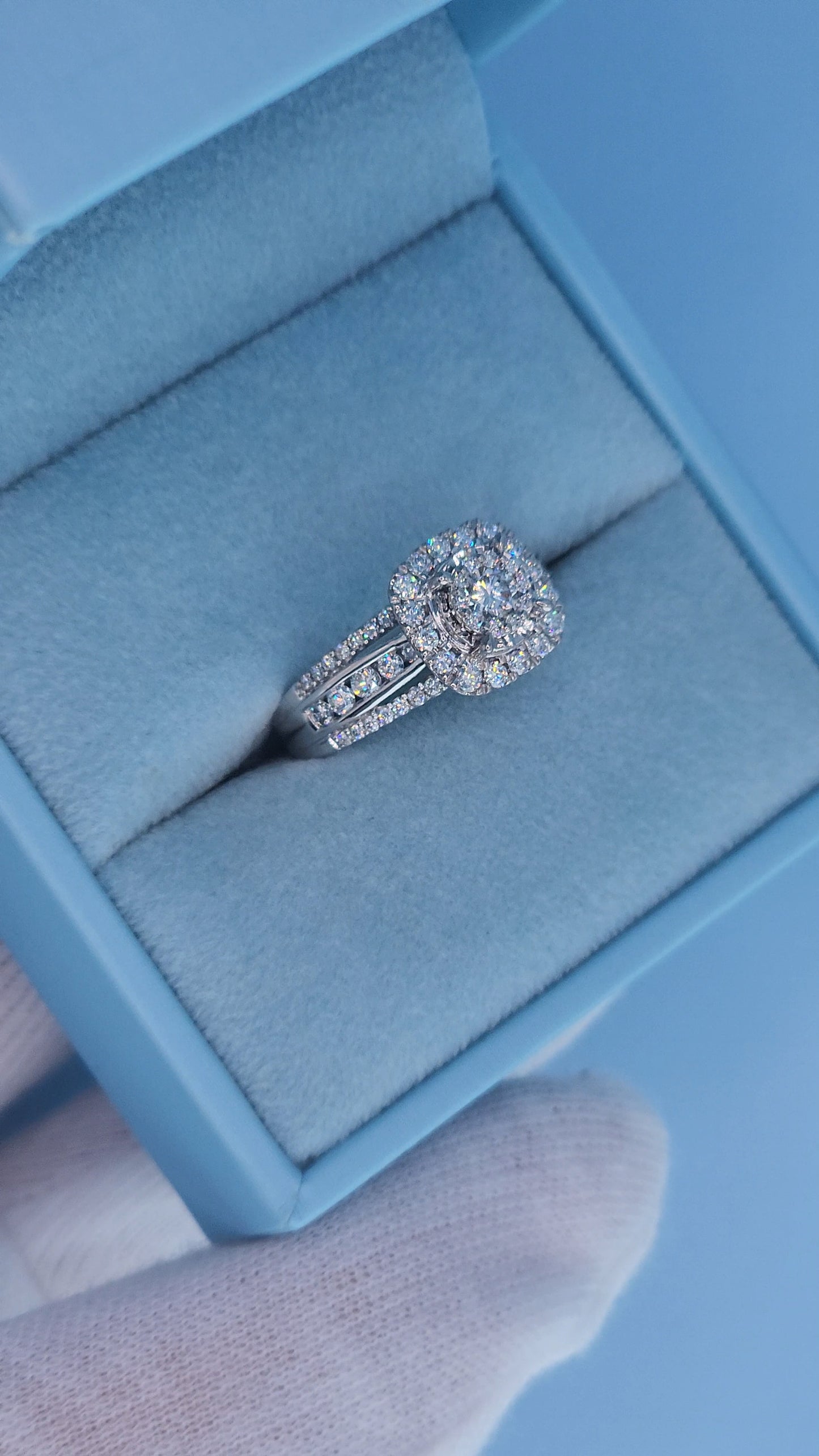 10k White Gold Diamond Cluster Engagement Ring – 1 Carat Total Weight, Cushion Double Halo, Three-Row Shank, Size 7