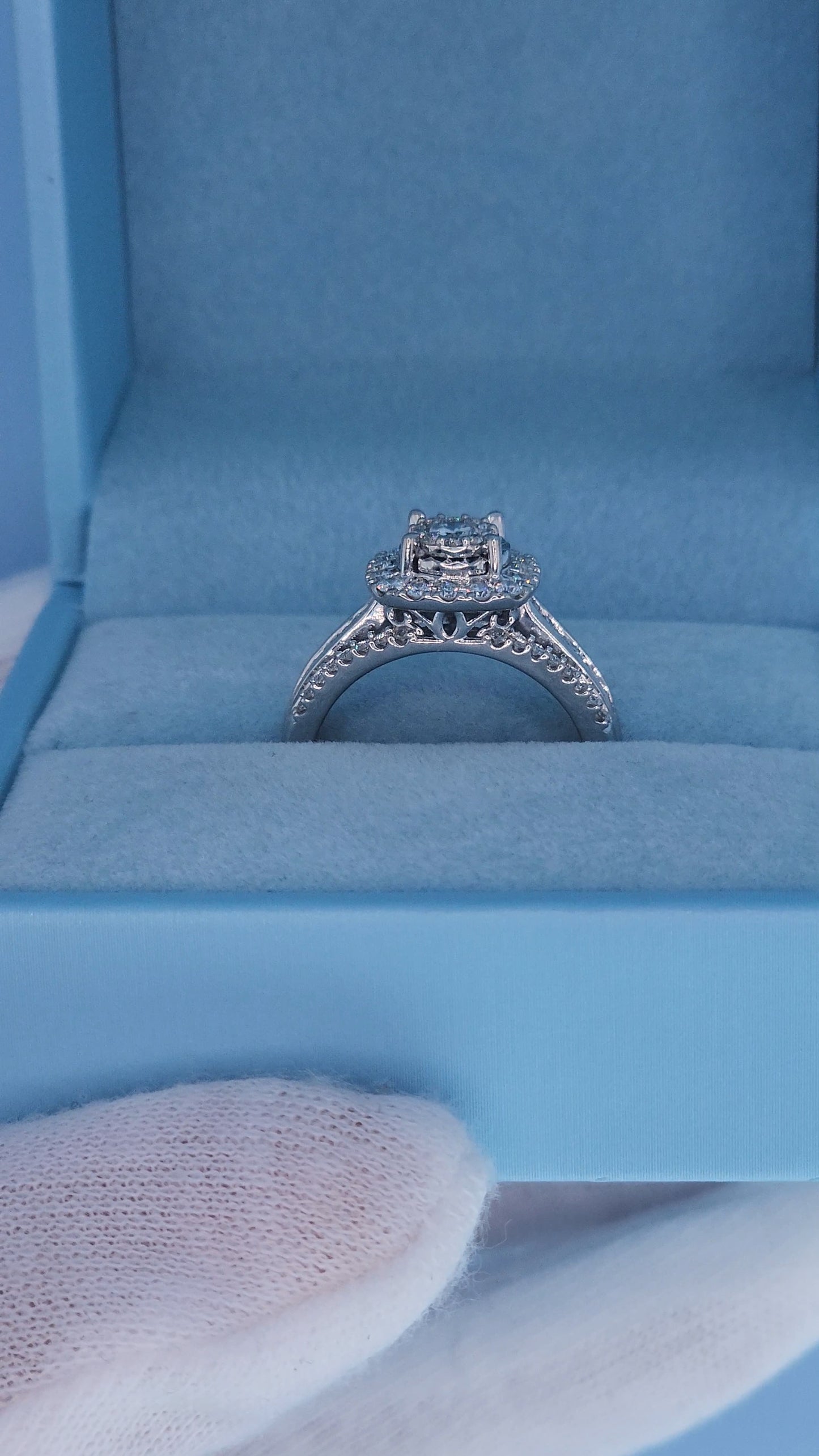 10k White Gold Diamond Cluster Engagement Ring – 1 Carat Total Weight, Cushion Double Halo, Three-Row Shank, Size 7