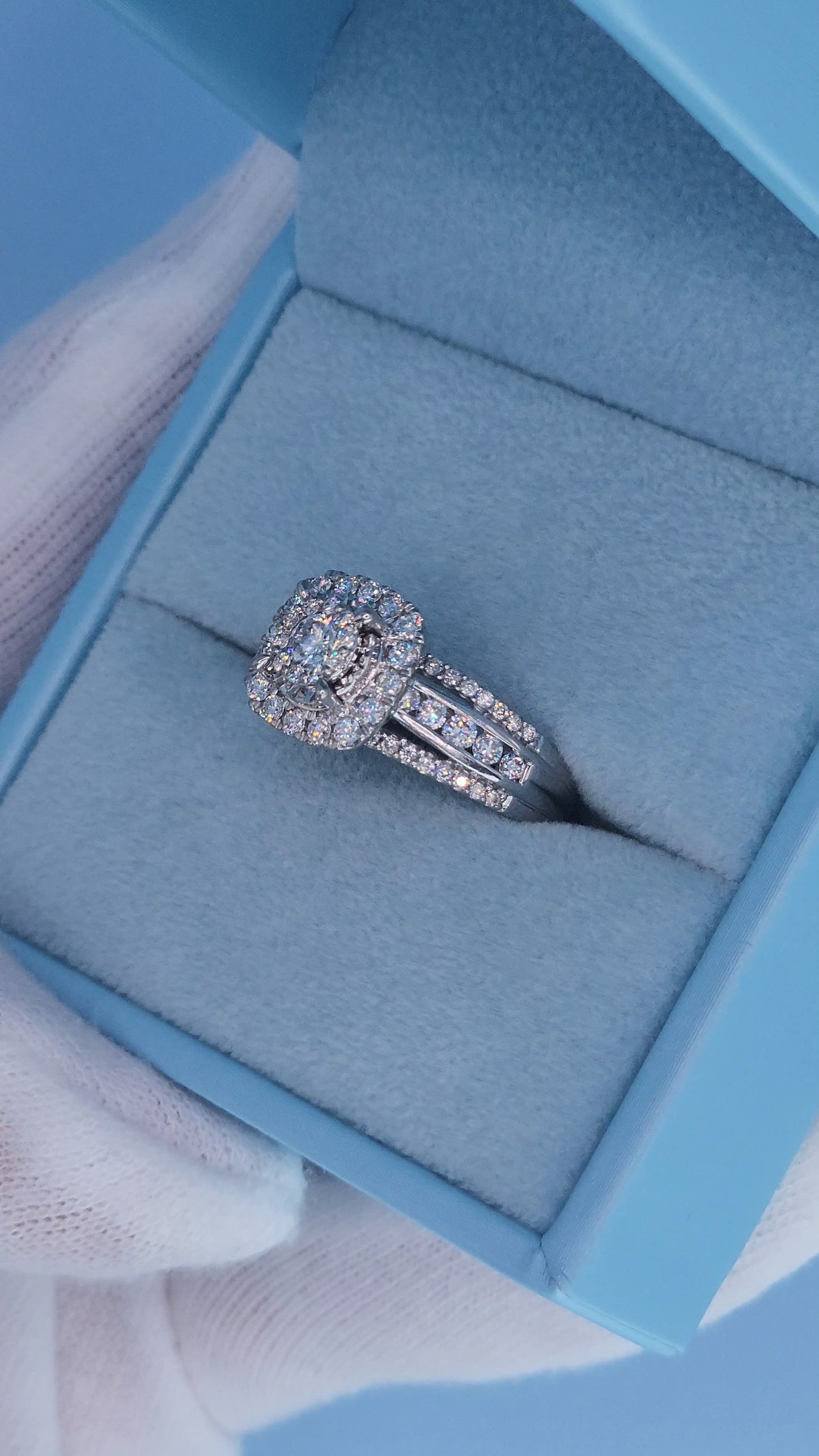 10k White Gold Diamond Cluster Engagement Ring – 1 Carat Total Weight, Cushion Double Halo, Three-Row Shank, Size 7