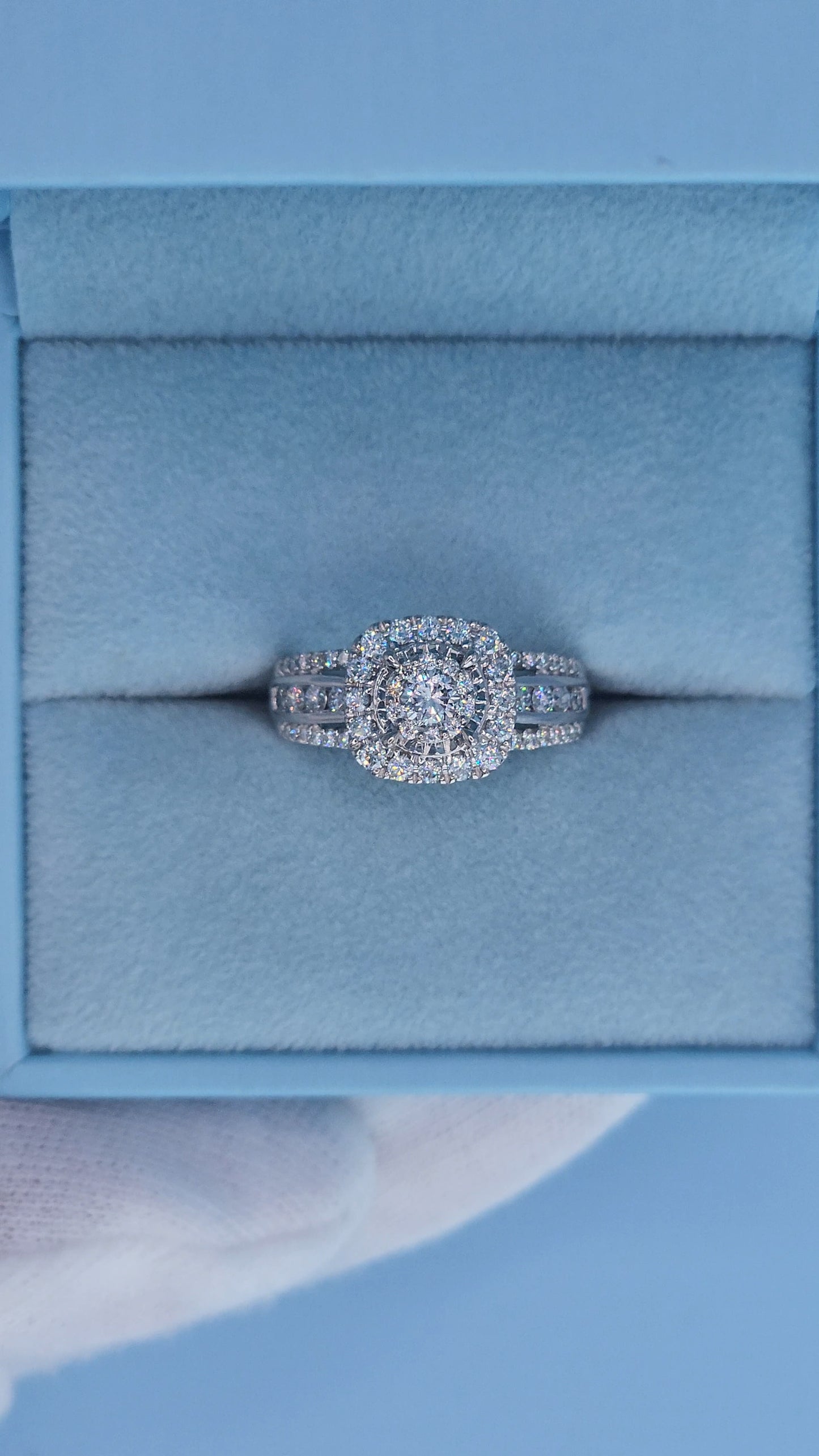 10k White Gold Diamond Cluster Engagement Ring – 1 Carat Total Weight, Cushion Double Halo, Three-Row Shank, Size 7