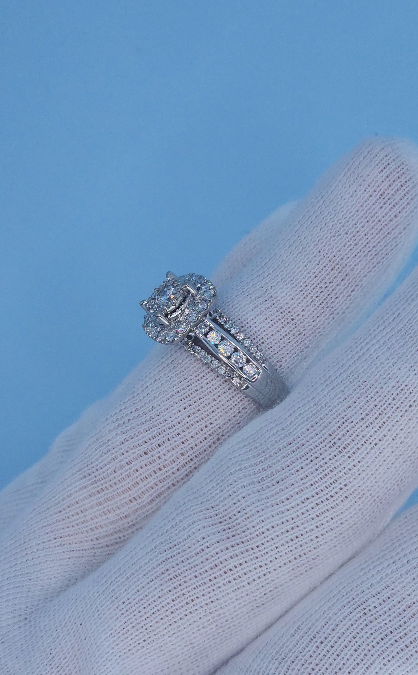 10k White Gold Diamond Cluster Engagement Ring – 1 Carat Total Weight, Cushion Double Halo, Three-Row Shank, Size 7