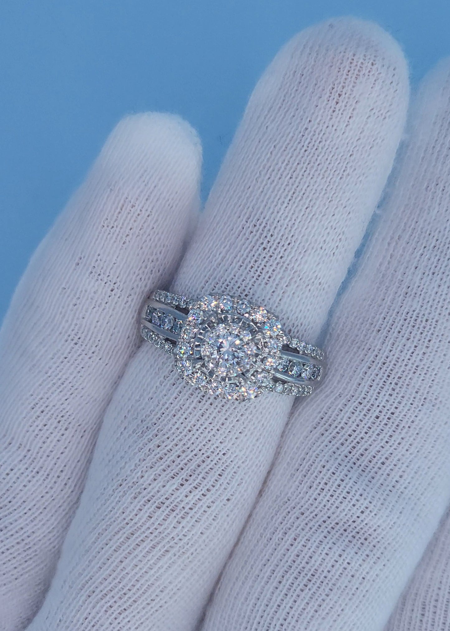 10k White Gold Diamond Cluster Engagement Ring – 1 Carat Total Weight, Cushion Double Halo, Three-Row Shank, Size 7