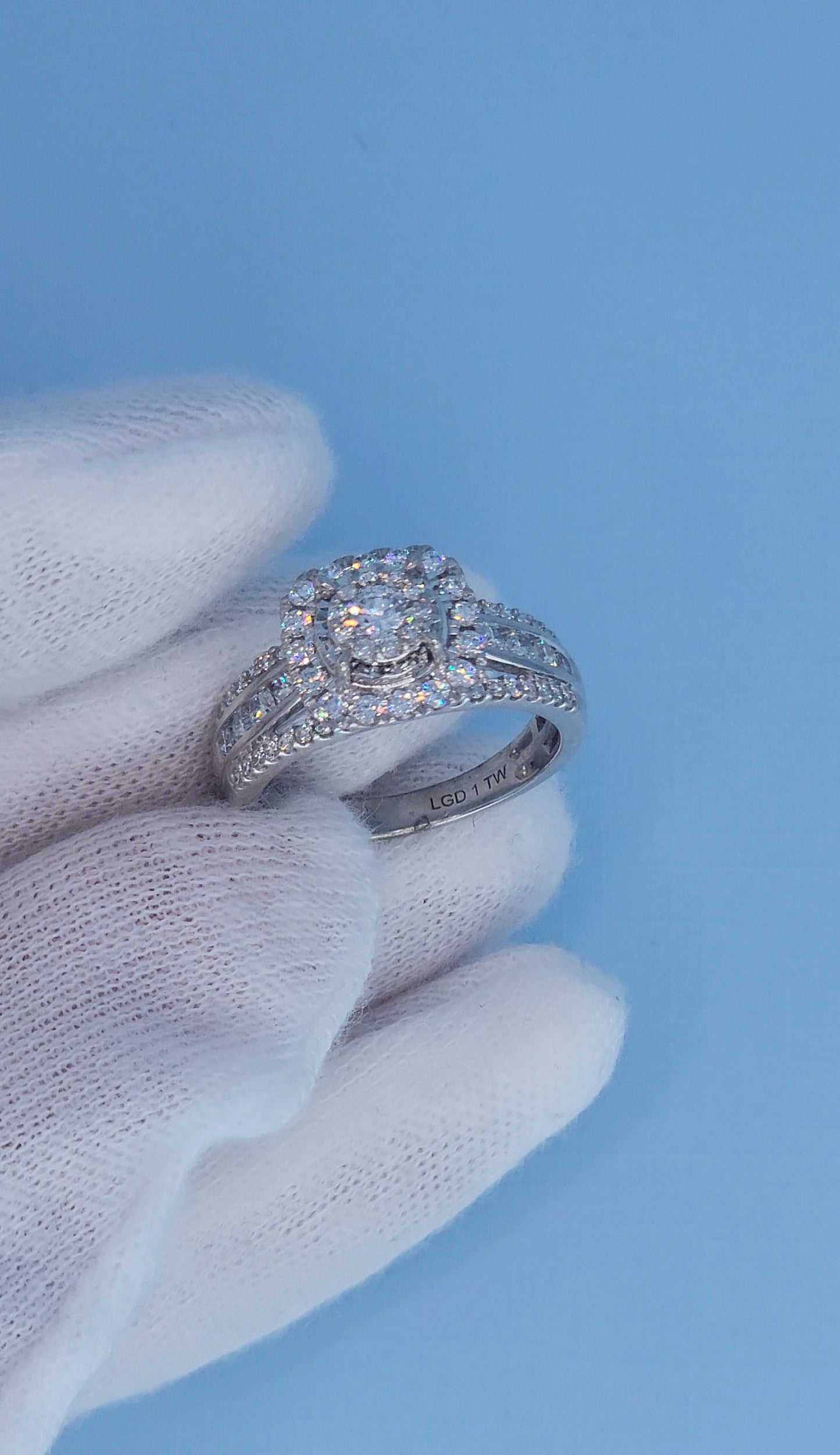 10k White Gold Diamond Cluster Engagement Ring – 1 Carat Total Weight, Cushion Double Halo, Three-Row Shank, Size 7