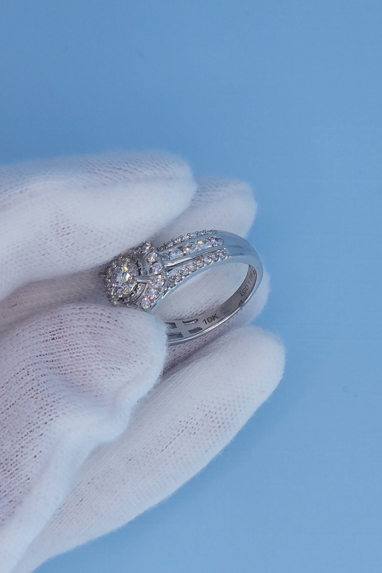 10k White Gold Diamond Cluster Engagement Ring – 1 Carat Total Weight, Cushion Double Halo, Three-Row Shank, Size 7