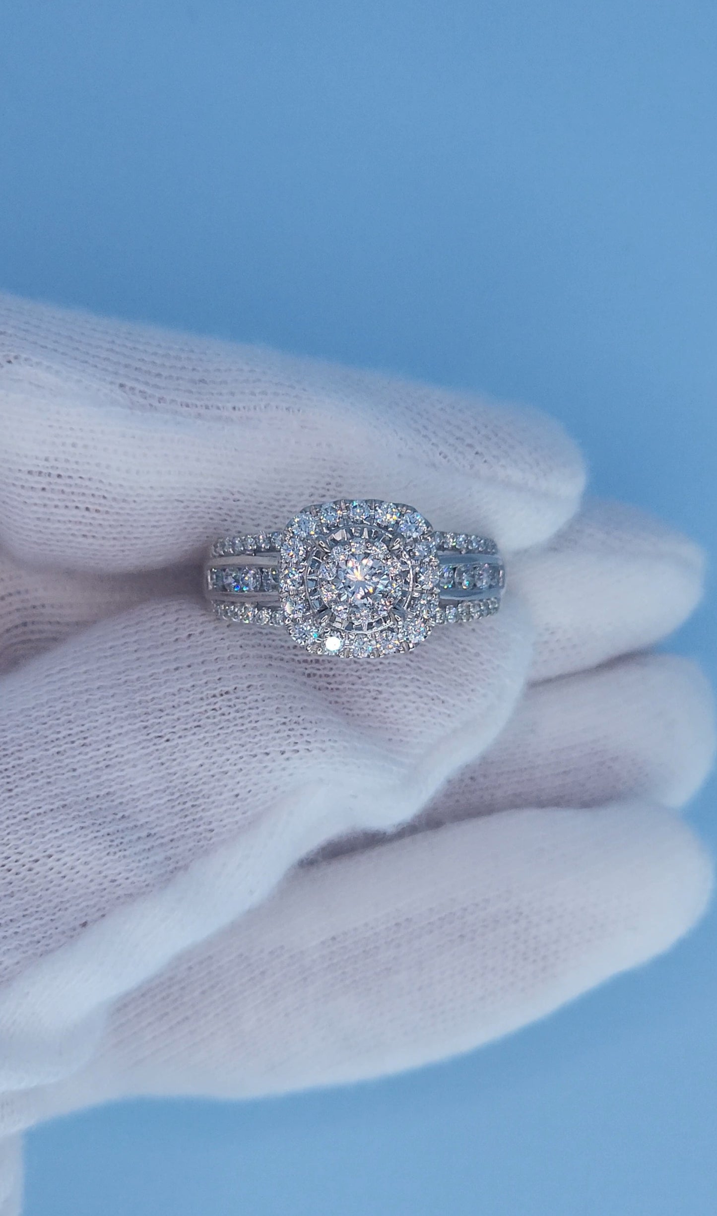 10k White Gold Diamond Cluster Engagement Ring – 1 Carat Total Weight, Cushion Double Halo, Three-Row Shank, Size 7