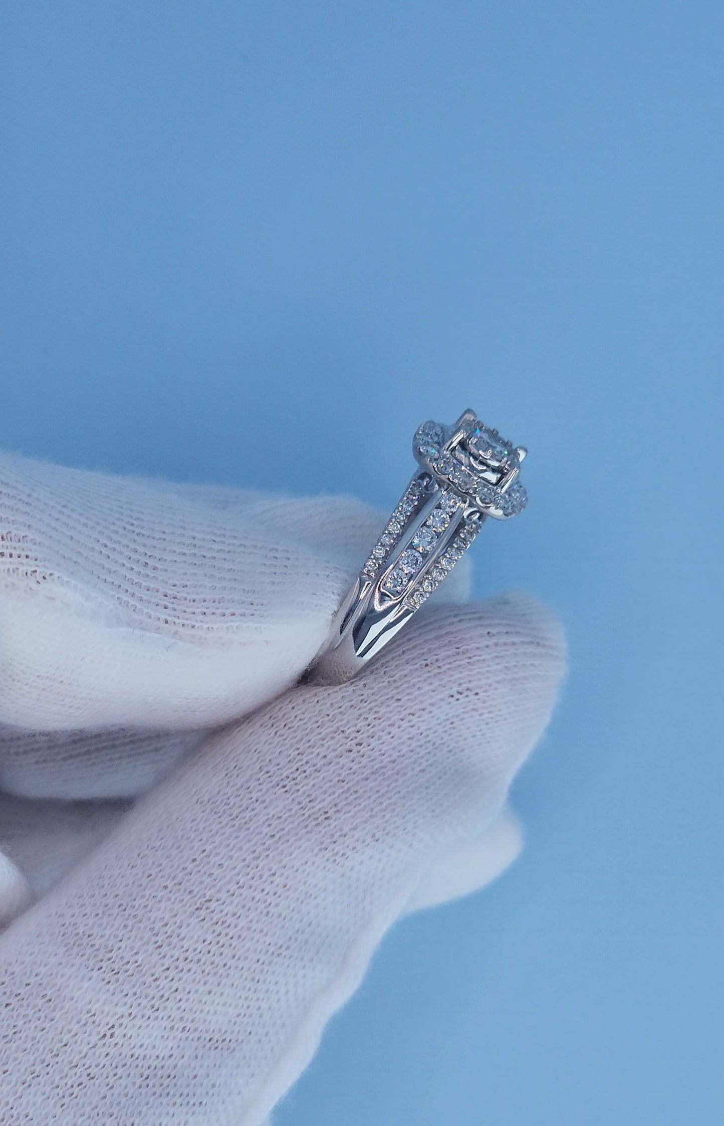 10k White Gold Diamond Cluster Engagement Ring – 1 Carat Total Weight, Cushion Double Halo, Three-Row Shank, Size 7