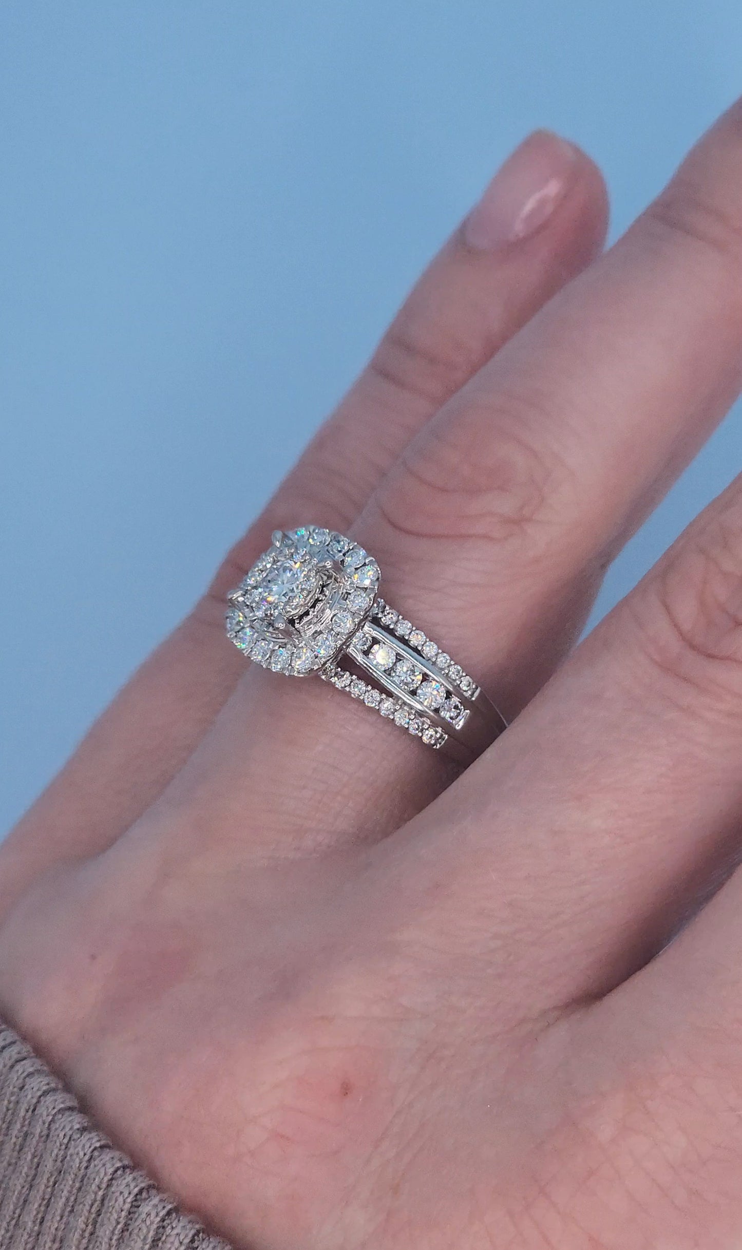 10k White Gold Diamond Cluster Engagement Ring – 1 Carat Total Weight, Cushion Double Halo, Three-Row Shank, Size 7