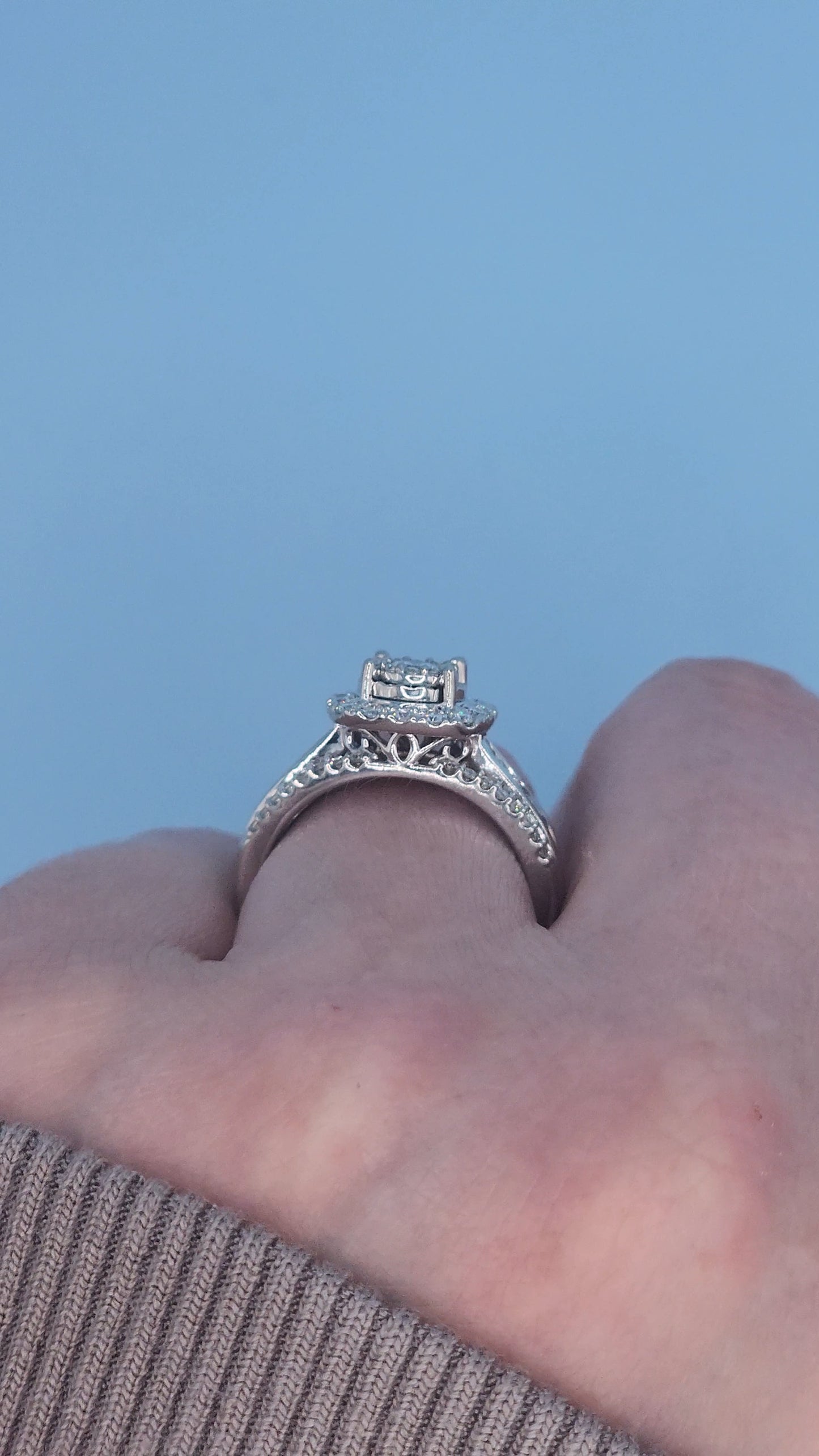 10k White Gold Diamond Cluster Engagement Ring – 1 Carat Total Weight, Cushion Double Halo, Three-Row Shank, Size 7