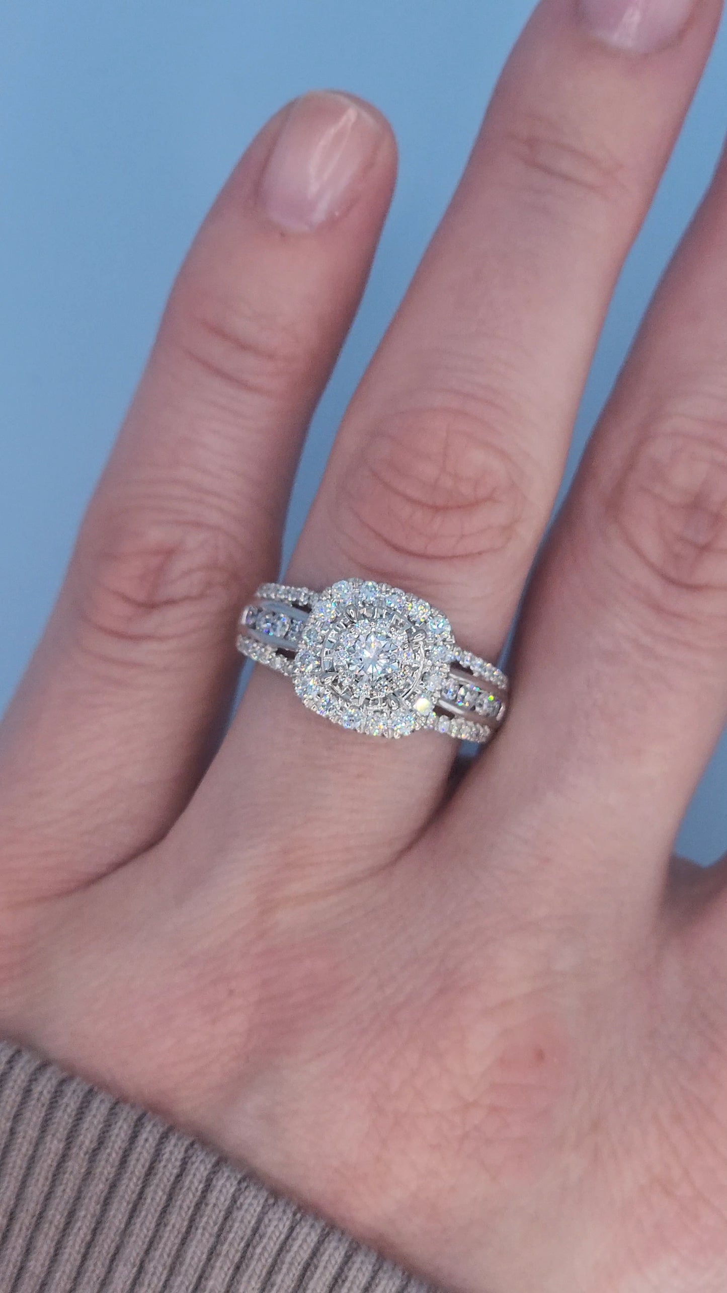10k White Gold Diamond Cluster Engagement Ring – 1 Carat Total Weight, Cushion Double Halo, Three-Row Shank, Size 7