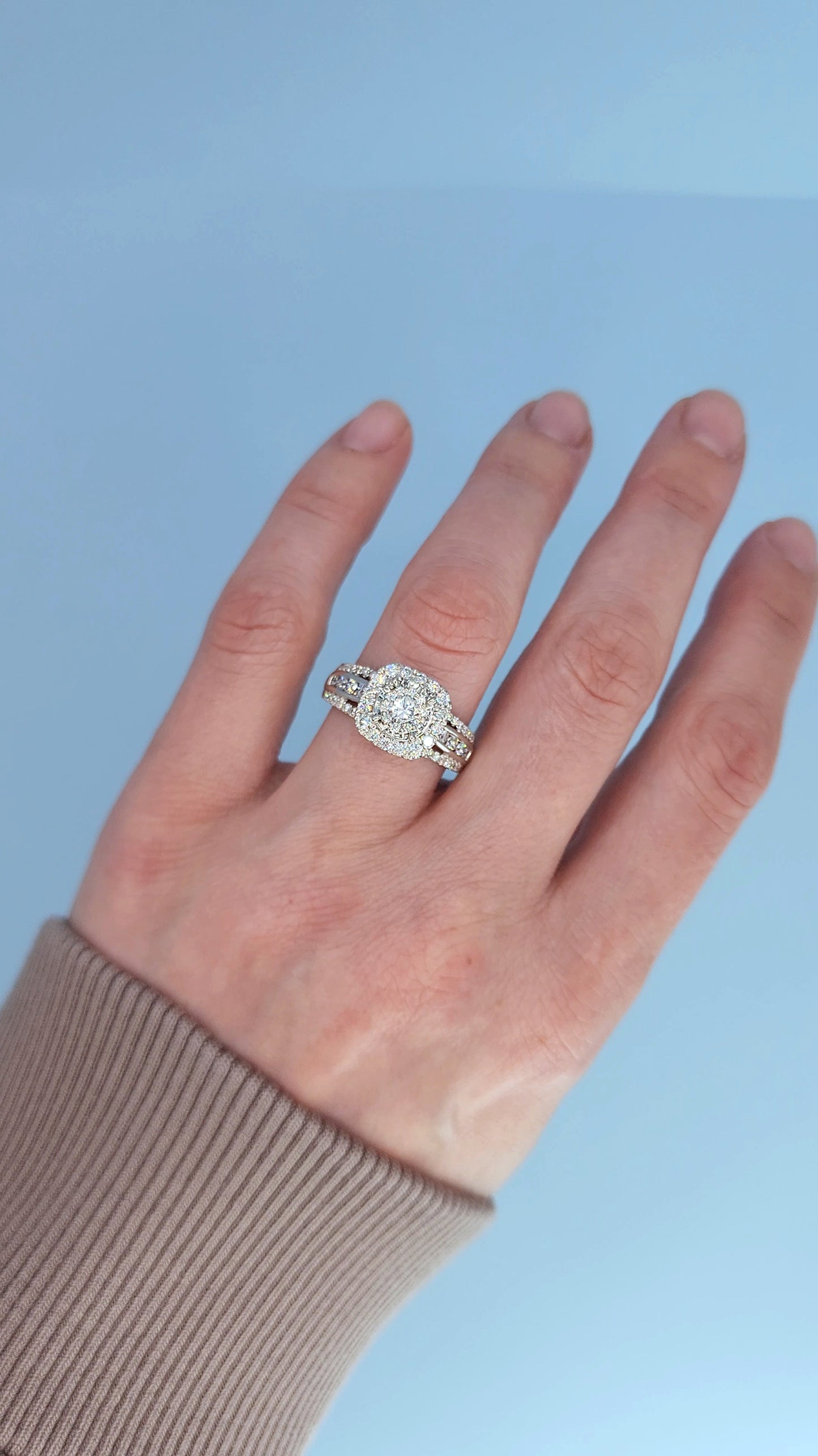 10k White Gold Diamond Cluster Engagement Ring – 1 Carat Total Weight, Cushion Double Halo, Three-Row Shank, Size 7