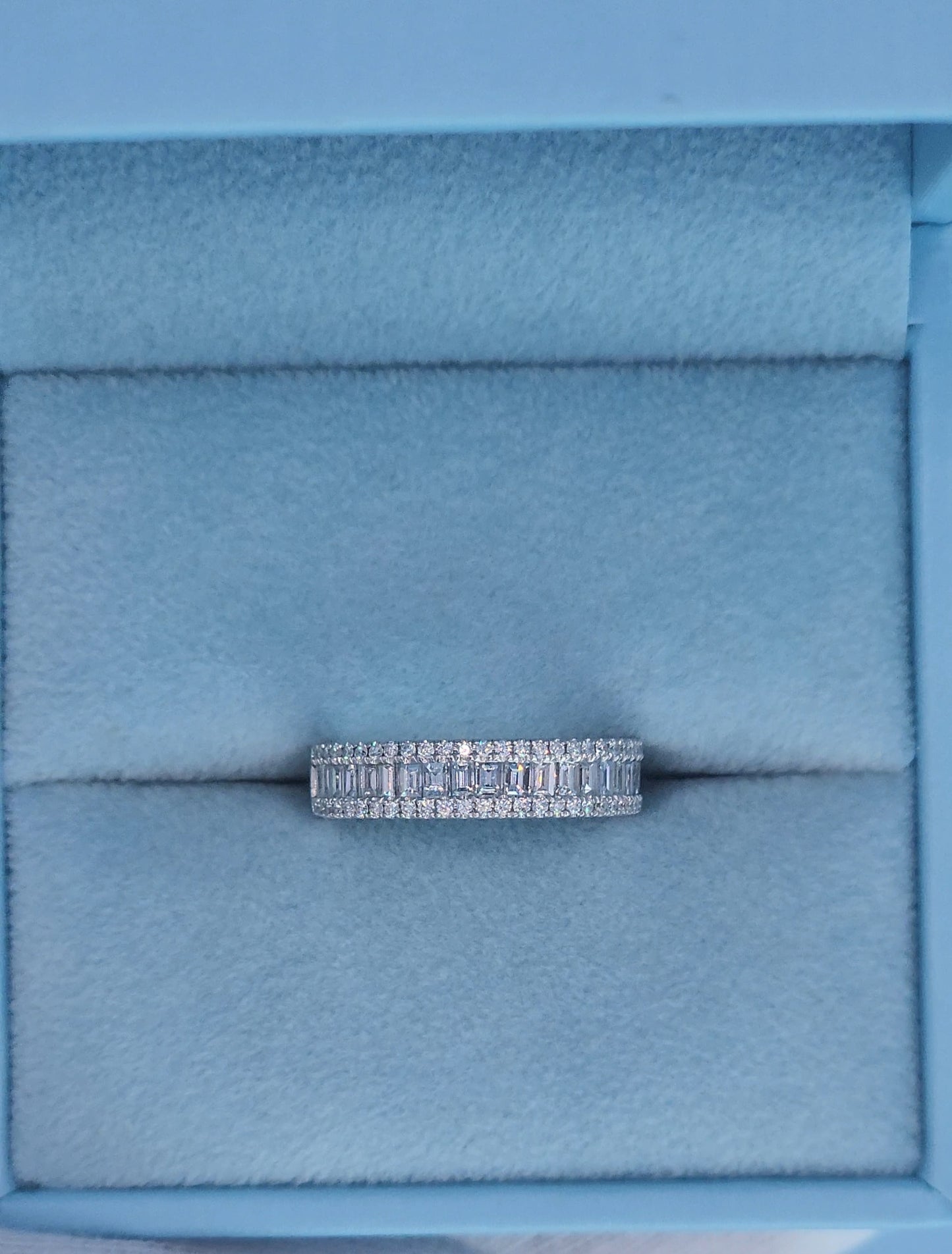 18k White Gold Three-Row Diamond Band Ring – 0.75 Ct, Baguette & Round Diamonds, Size 5