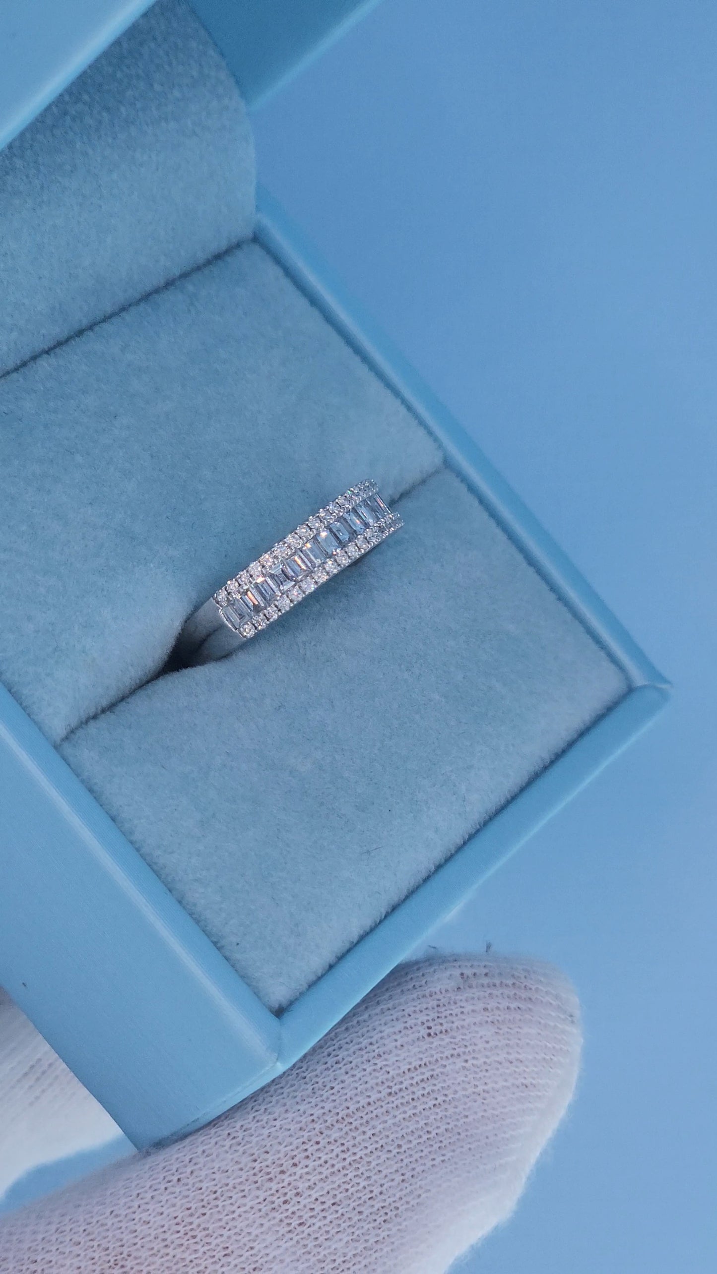 18k White Gold Three-Row Diamond Band Ring – 0.75 Ct, Baguette & Round Diamonds, Size 5
