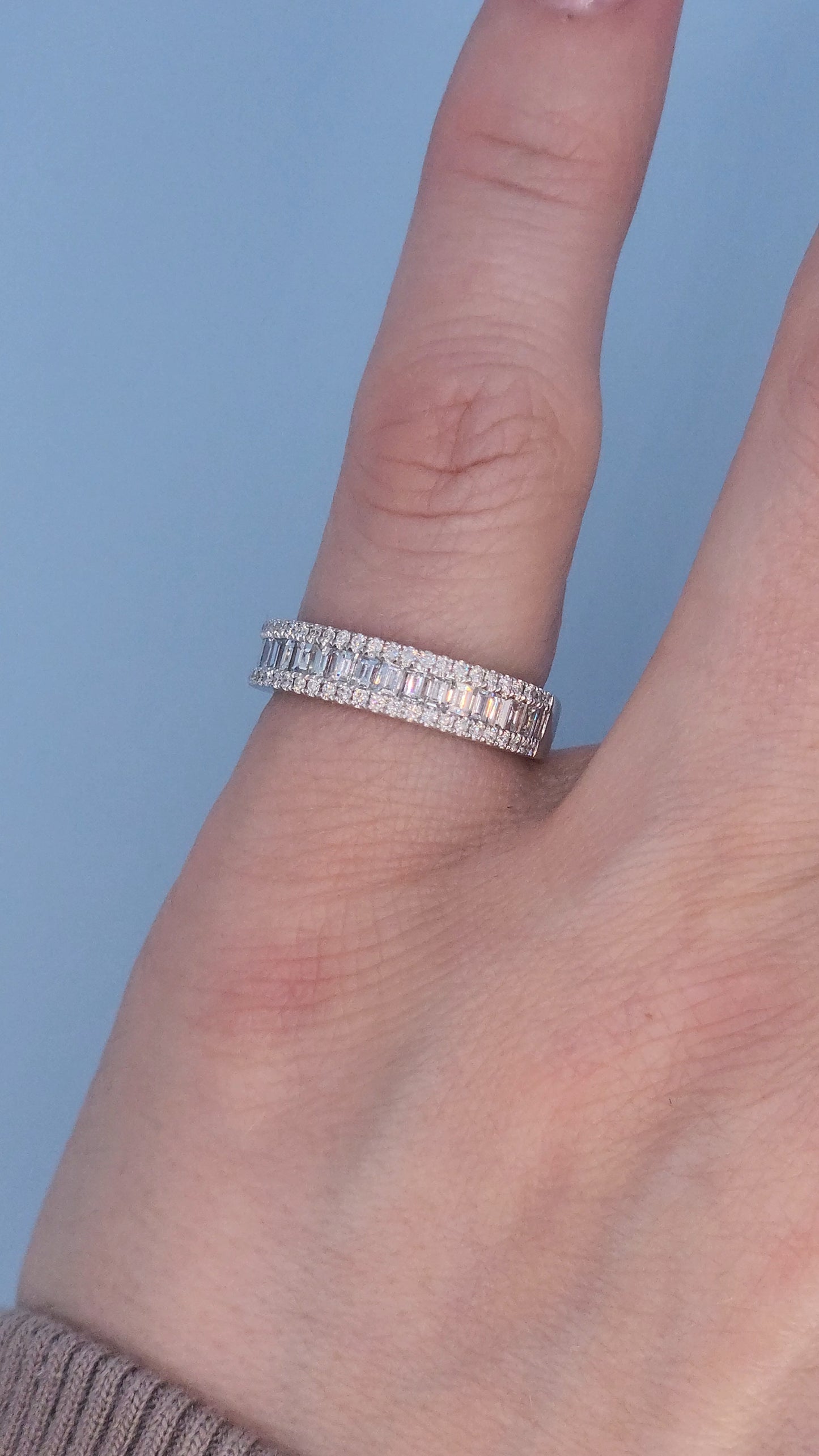18k White Gold Three-Row Diamond Band Ring – 0.75 Ct, Baguette & Round Diamonds, Size 5