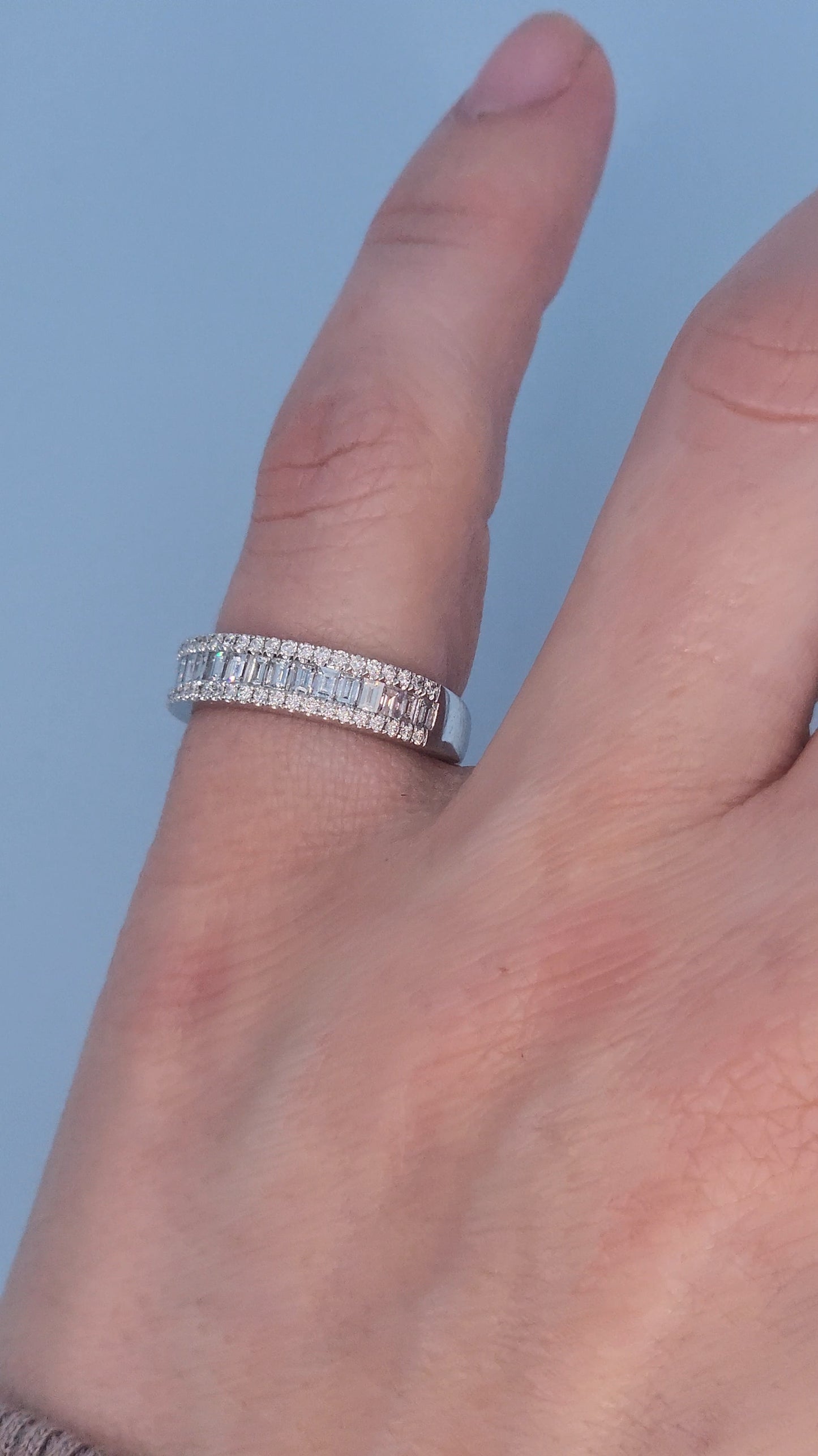 18k White Gold Three-Row Diamond Band Ring – 0.75 Ct, Baguette & Round Diamonds, Size 5