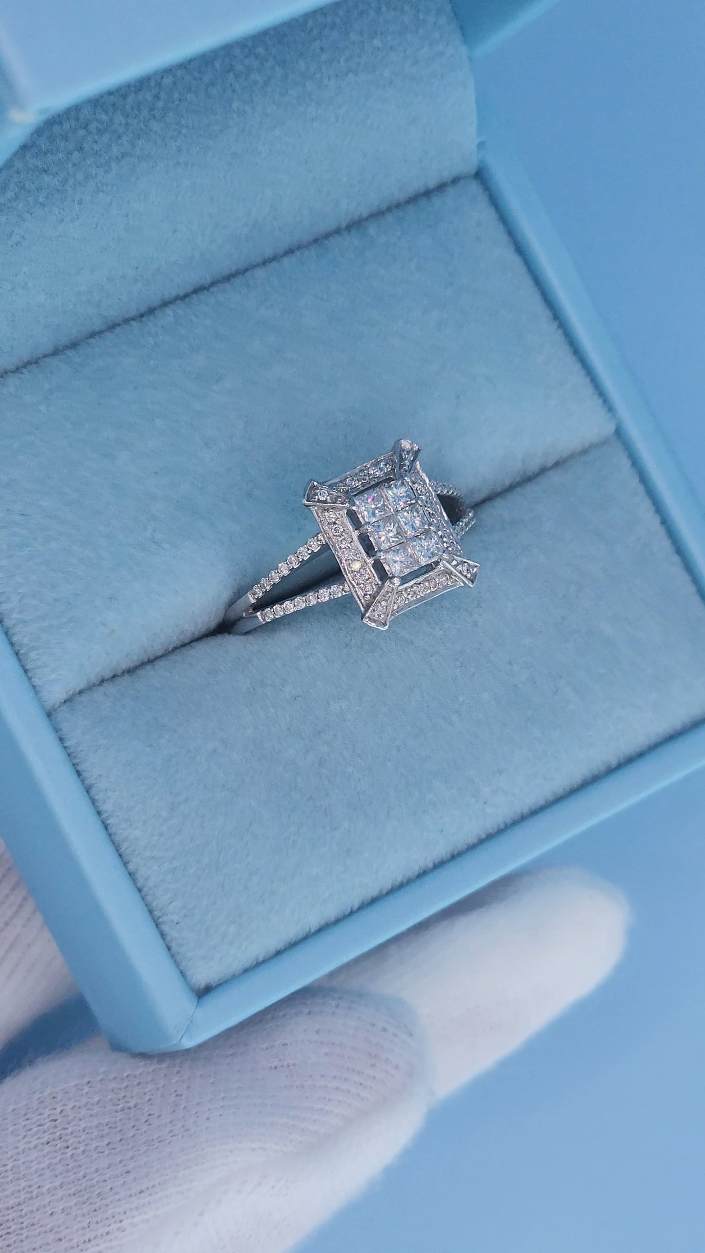 14k White Gold Diamond Cluster Ring | Princess Cut Illusion Center, Split Shank Halo Design, 0.60 CTW, Size 7