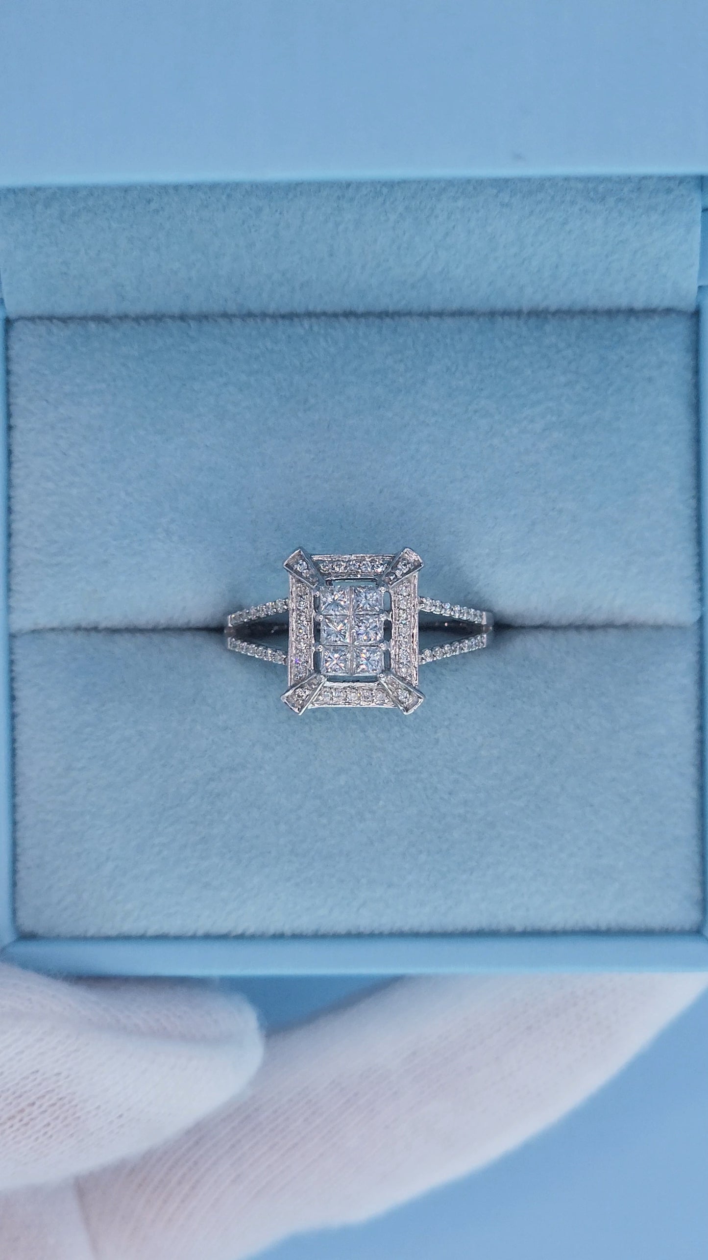 14k White Gold Diamond Cluster Ring | Princess Cut Illusion Center, Split Shank Halo Design, 0.60 CTW, Size 7