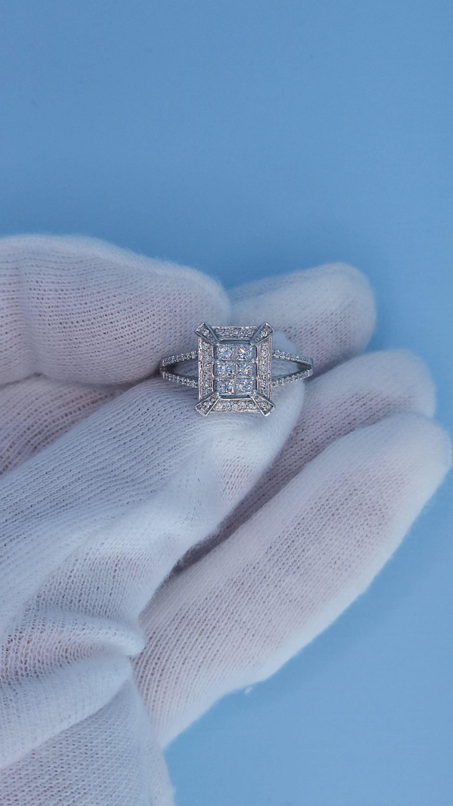 14k White Gold Diamond Cluster Ring | Princess Cut Illusion Center, Split Shank Halo Design, 0.60 CTW, Size 7