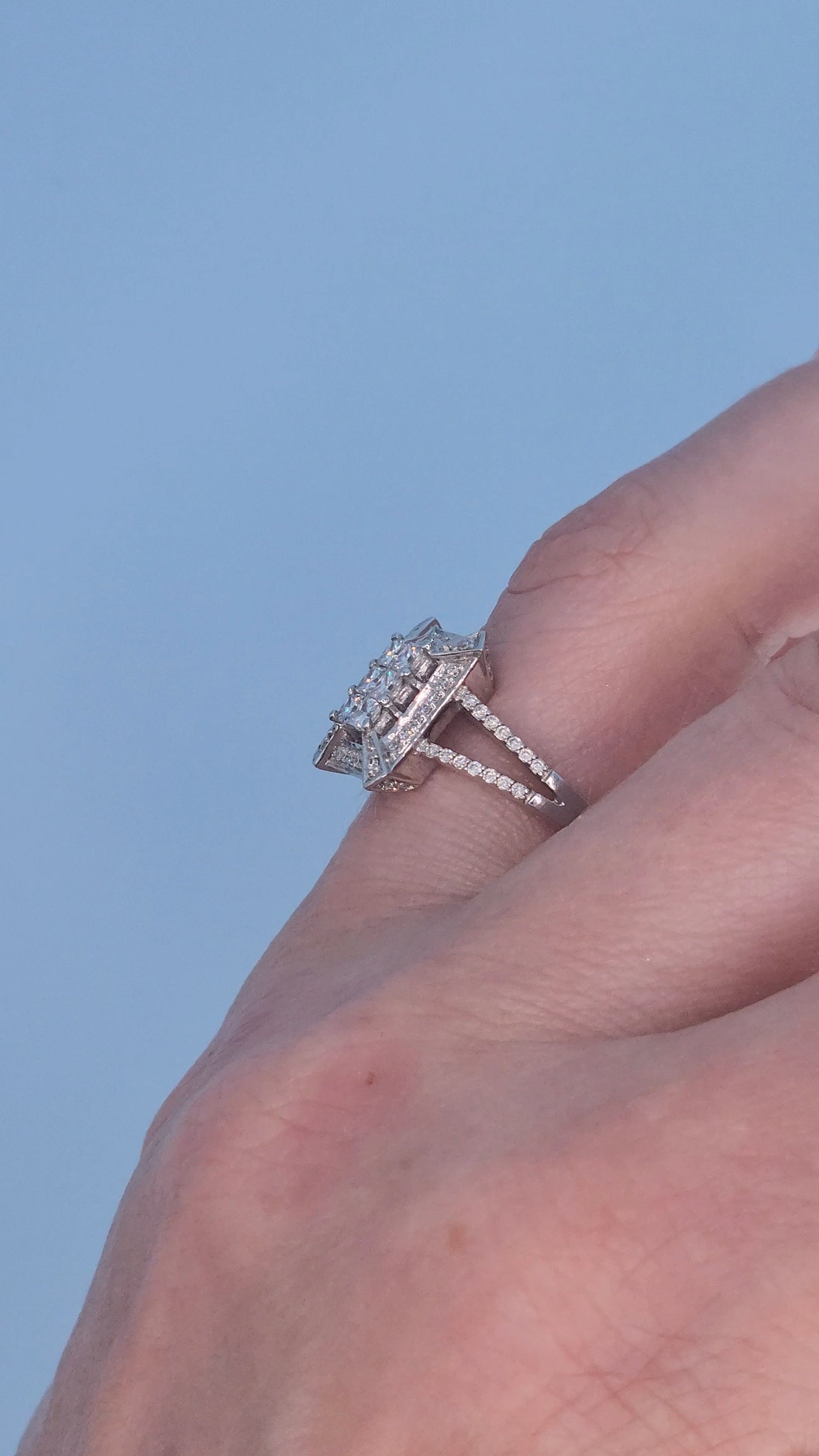 14k White Gold Diamond Cluster Ring | Princess Cut Illusion Center, Split Shank Halo Design, 0.60 CTW, Size 7