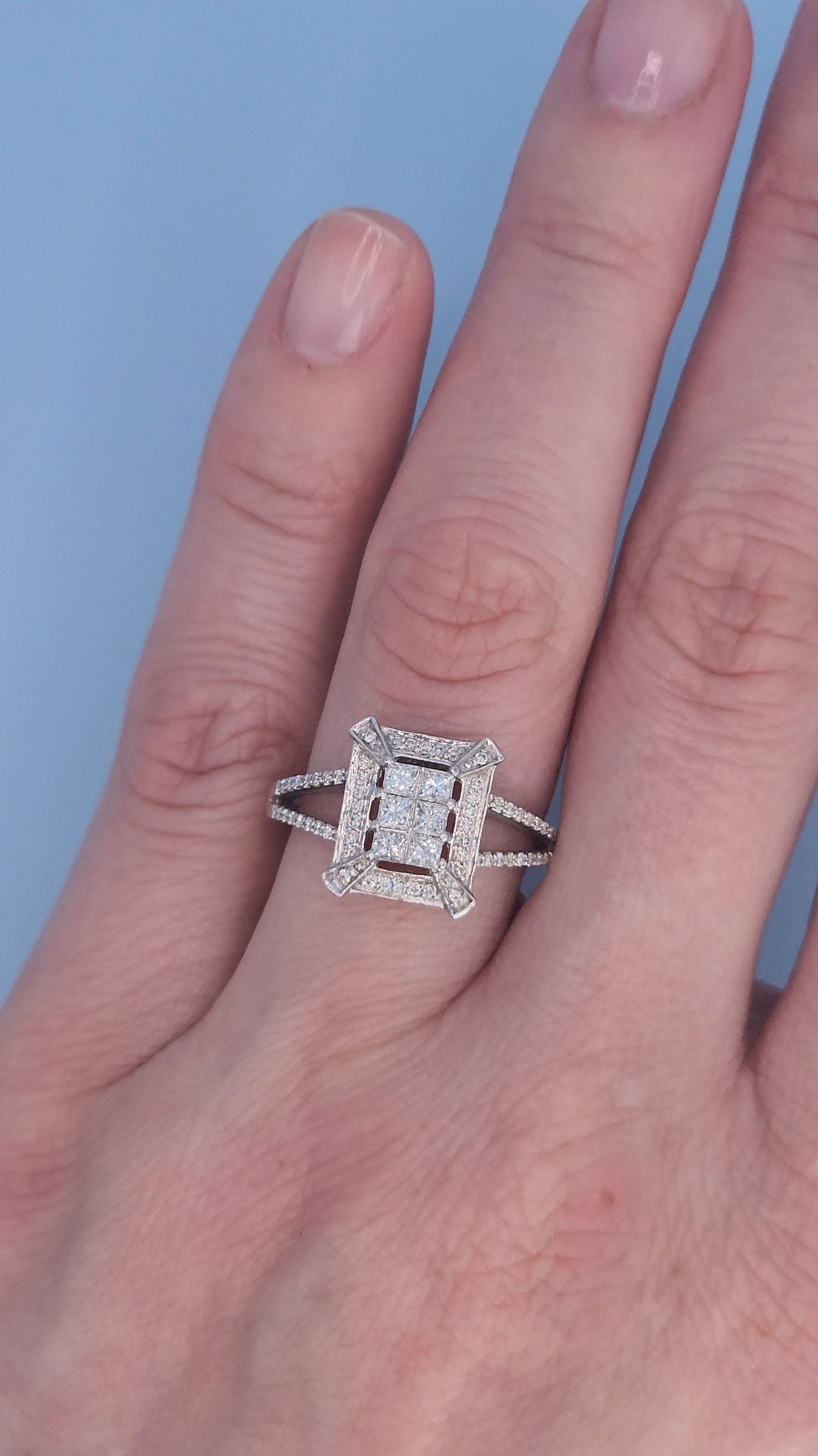 14k White Gold Diamond Cluster Ring | Princess Cut Illusion Center, Split Shank Halo Design, 0.60 CTW, Size 7