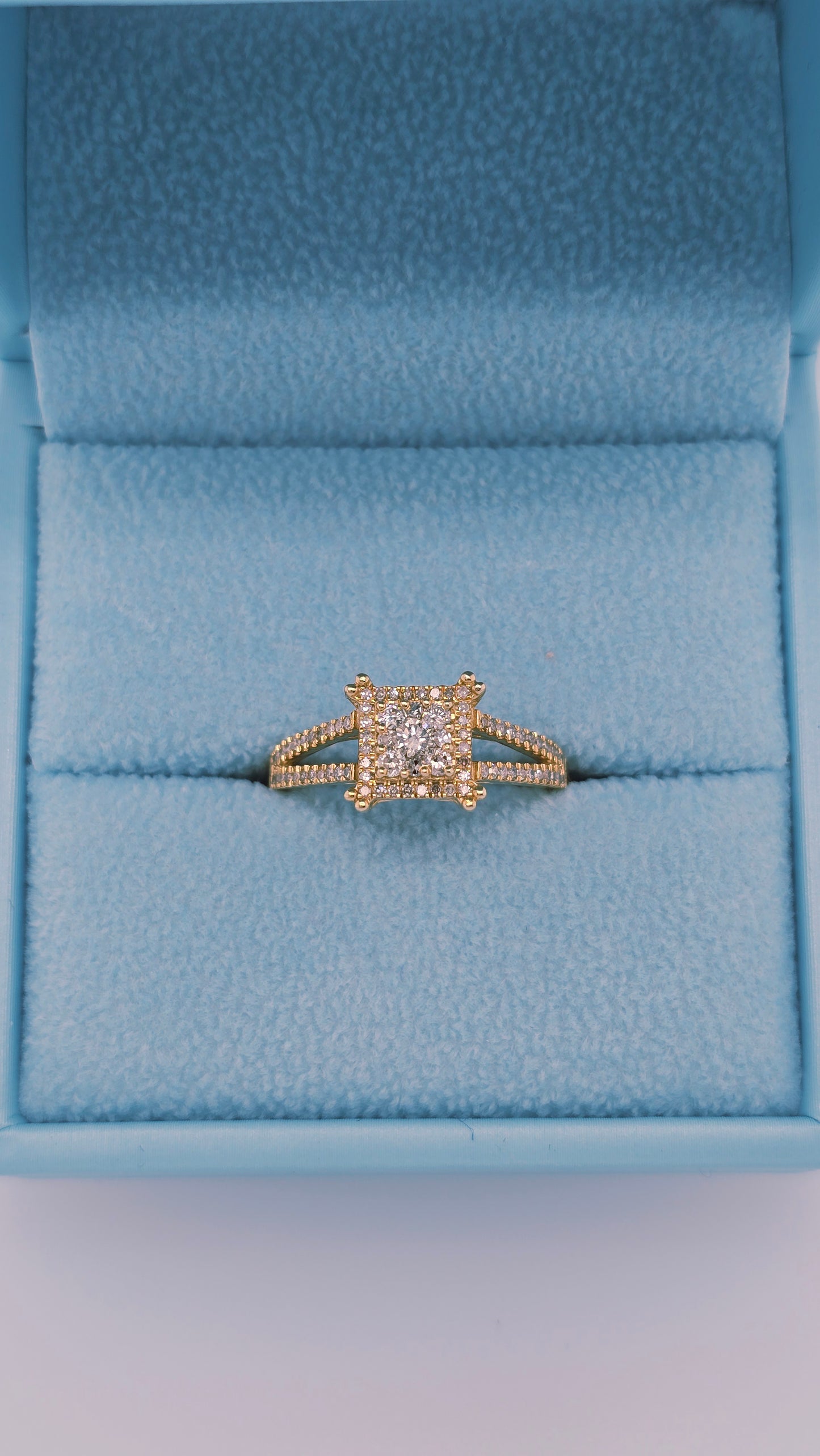 14k yellow gold diamond cluster ring with square halo, split shank design, 0.75 carat total diamond weight, size 7.5, princess-cut illusion.