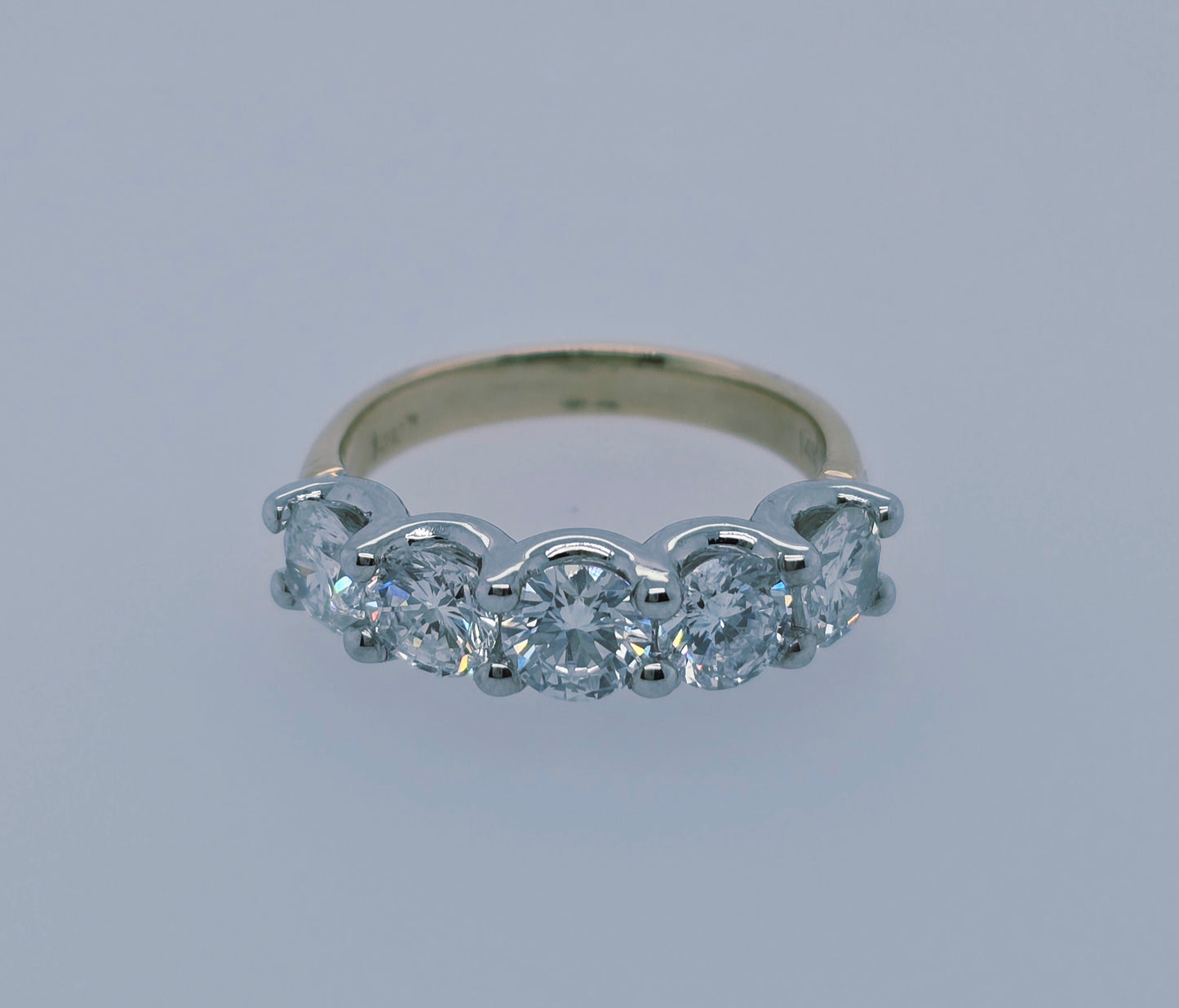 14k Two-Tone Gold Five Stone Natural Diamond Band Ring | 2.30 Carat TW Genuine Diamonds, White & Yellow Gold, Shared Prongs Setting, Size 6.5