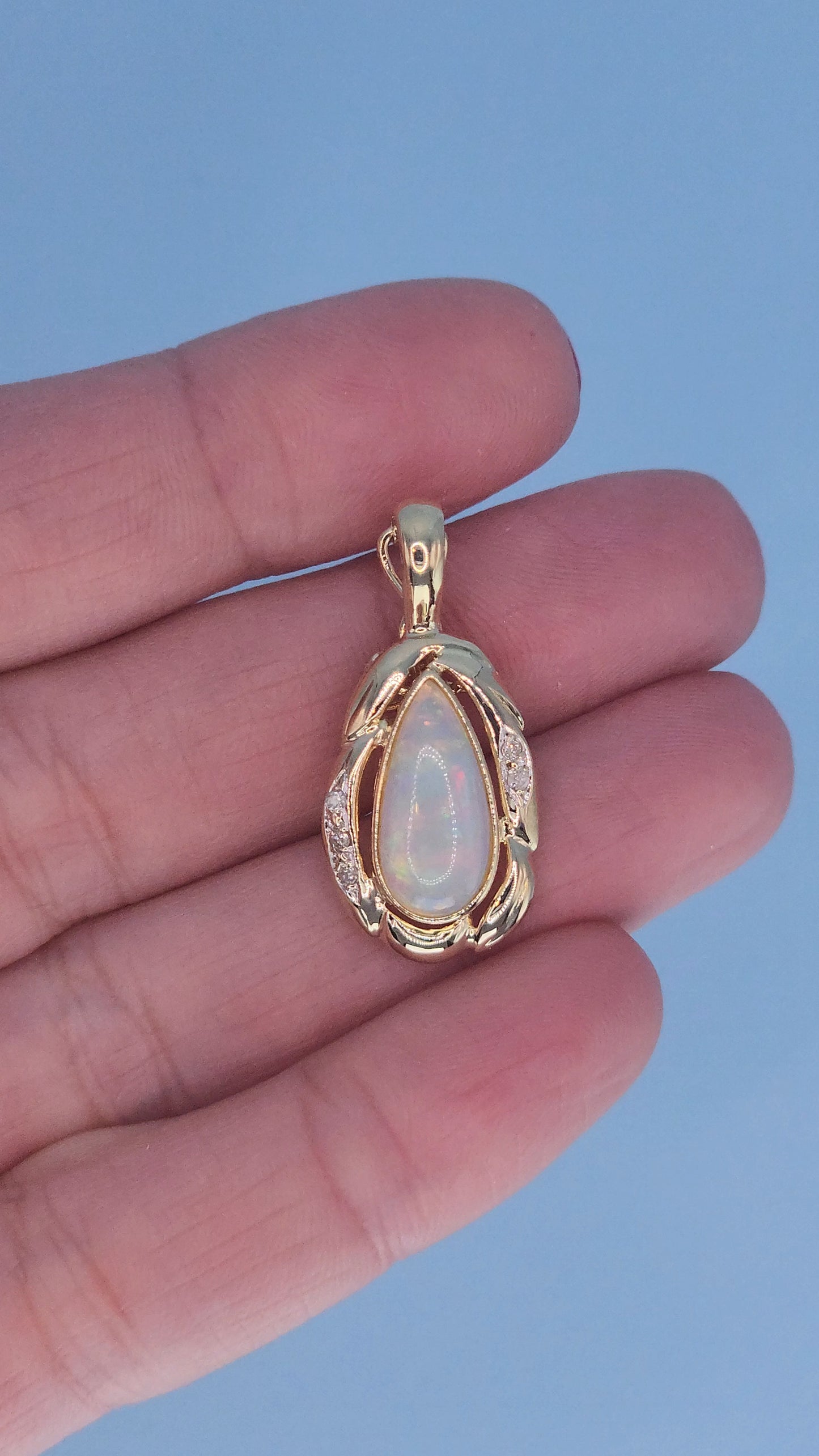 14k Yellow Gold Freeform Pendant with Cabochon Pear Opal & Diamond Accents – Omega Chain Compatible