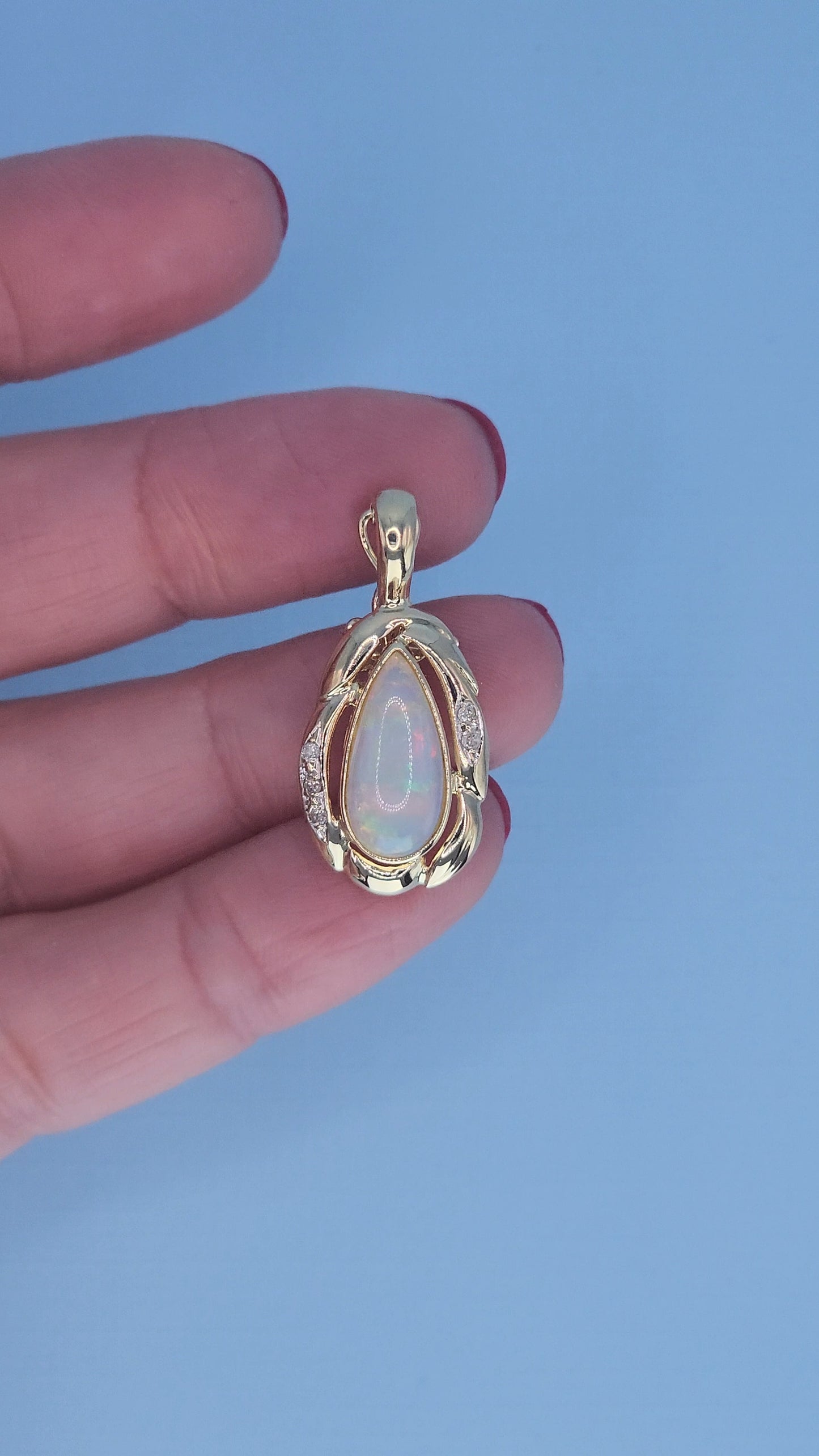 14k Yellow Gold Freeform Pendant with Cabochon Pear Opal & Diamond Accents – Omega Chain Compatible