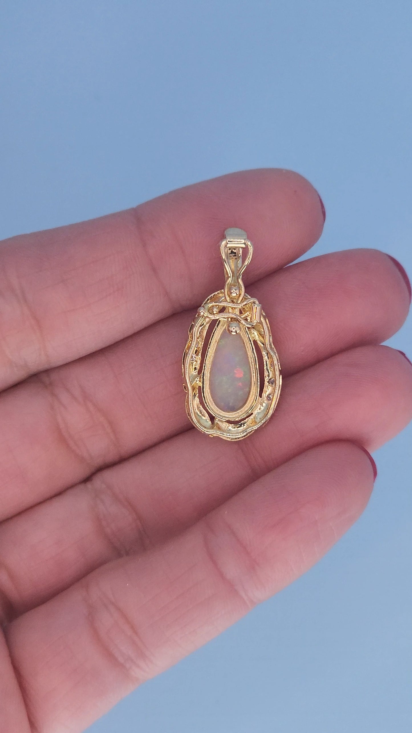 14k Yellow Gold Freeform Pendant with Cabochon Pear Opal & Diamond Accents – Omega Chain Compatible