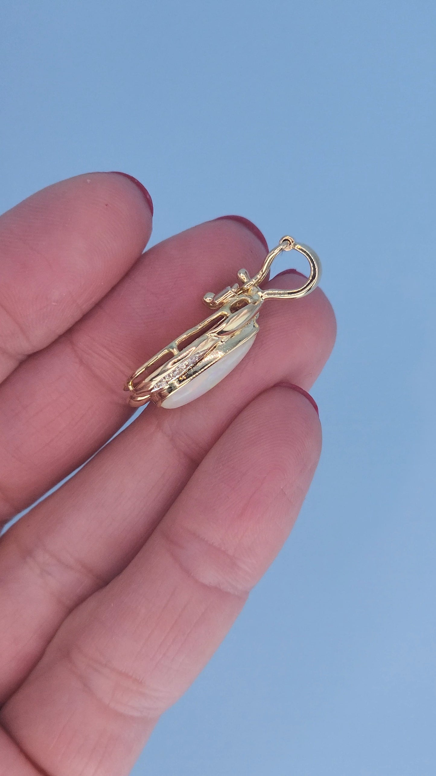 14k Yellow Gold Freeform Pendant with Cabochon Pear Opal & Diamond Accents – Omega Chain Compatible