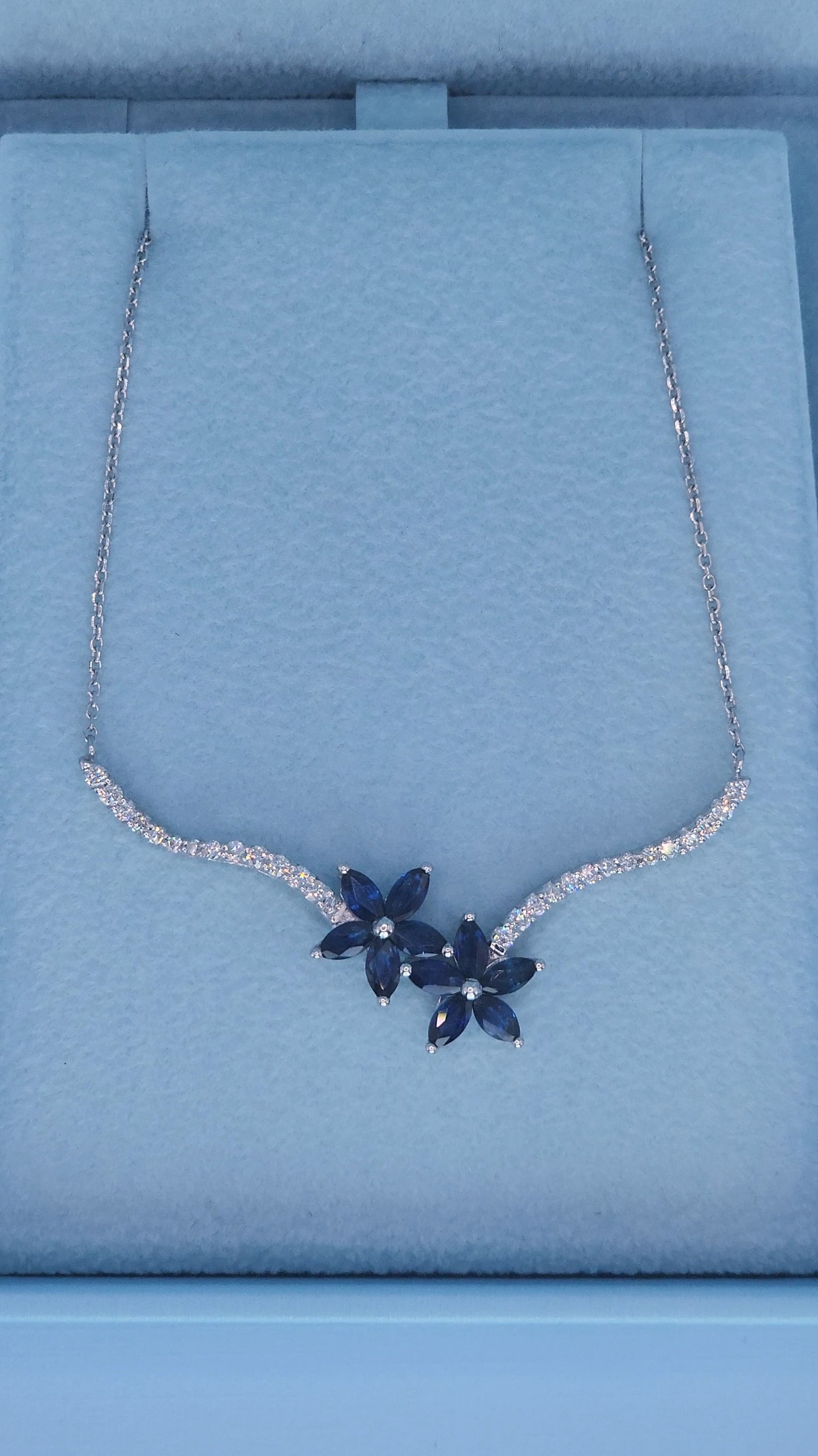14k White Gold Sapphire and Diamond Flower Necklace – Marquise Sapphire Double Bloom with Diamond Stems, 18" Toi et Moi Style
