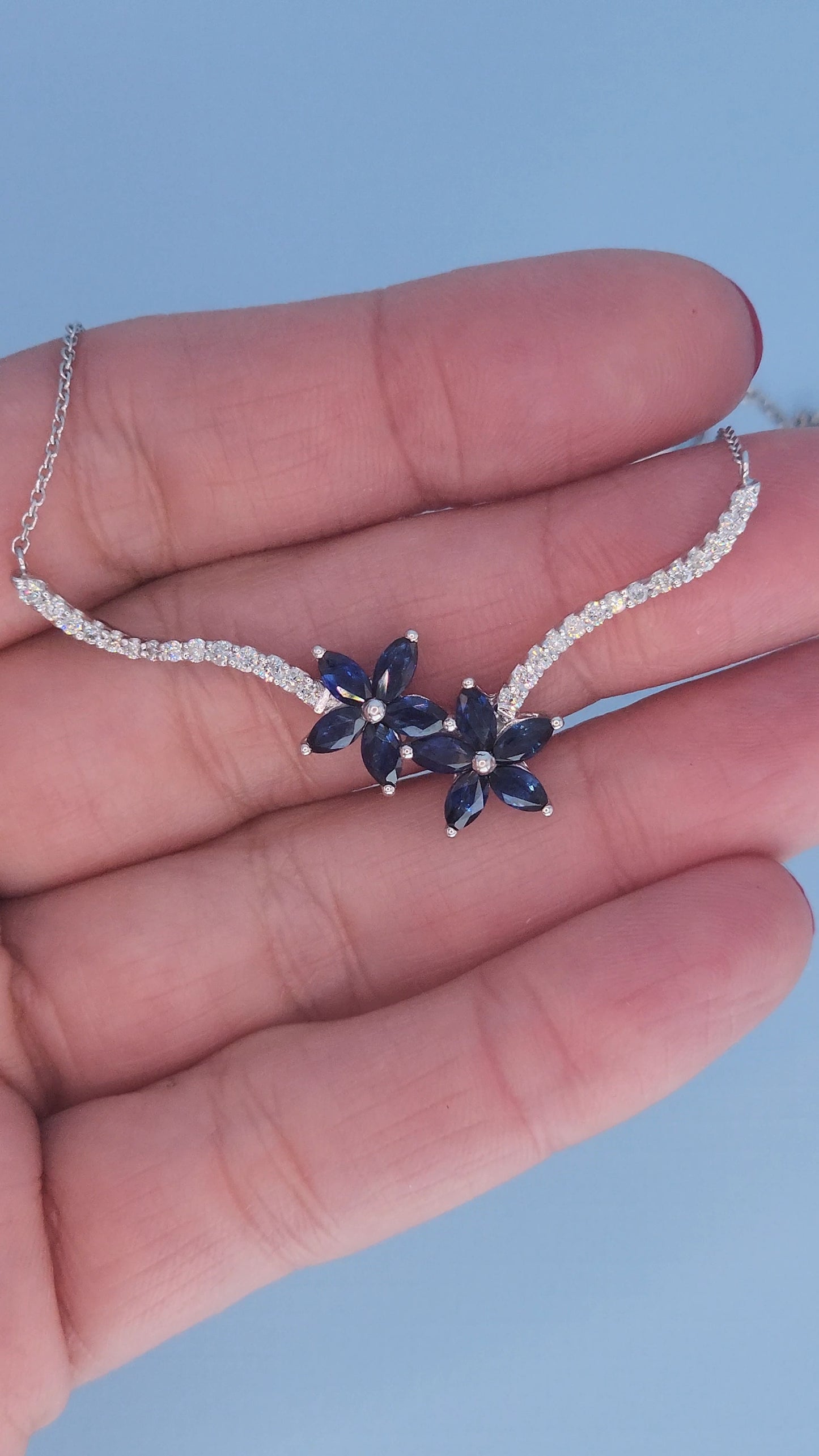 14k White Gold Sapphire and Diamond Flower Necklace – Marquise Sapphire Double Bloom with Diamond Stems, 18" Toi et Moi Style
