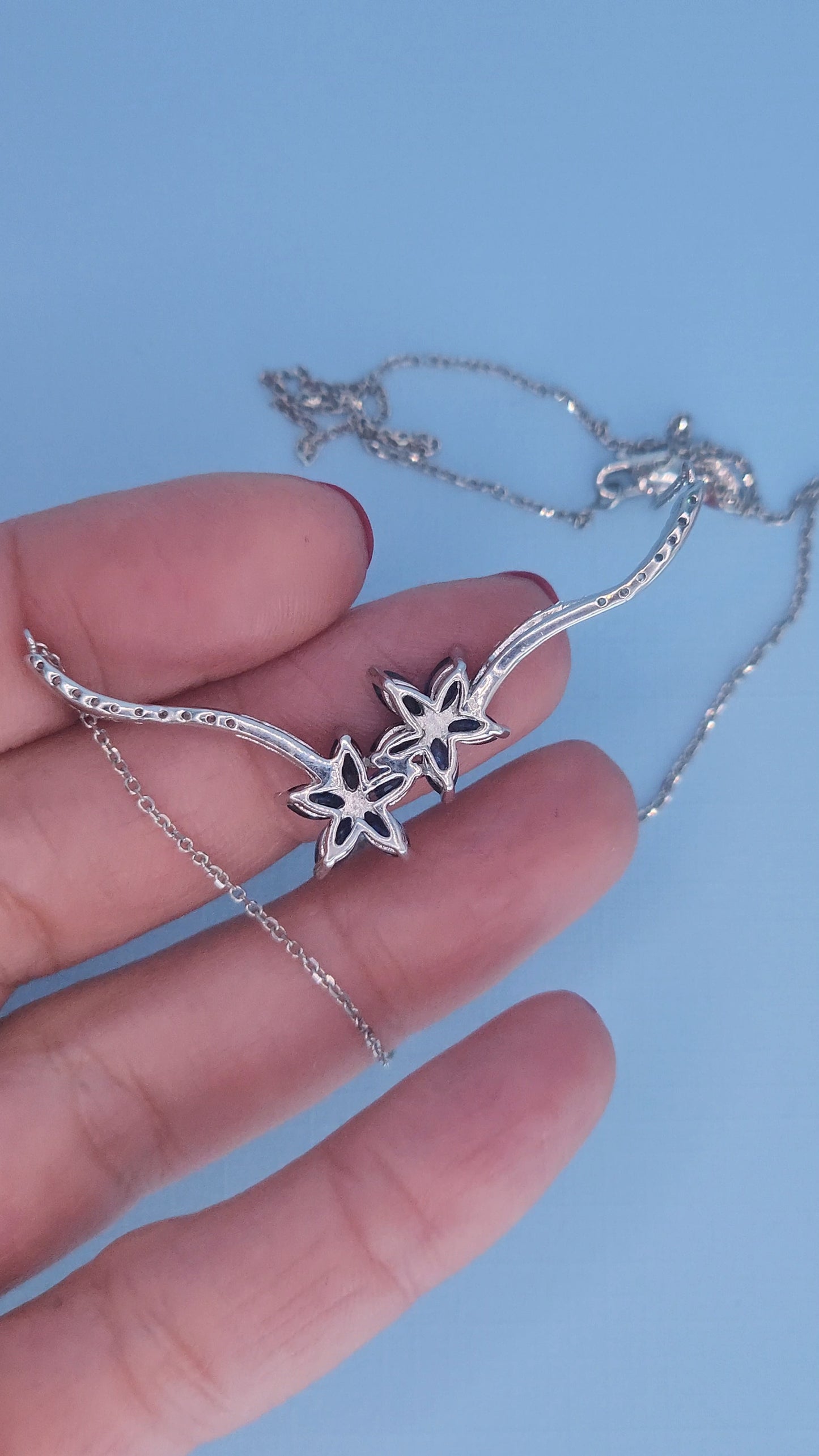 14k White Gold Sapphire and Diamond Flower Necklace – Marquise Sapphire Double Bloom with Diamond Stems, 18" Toi et Moi Style