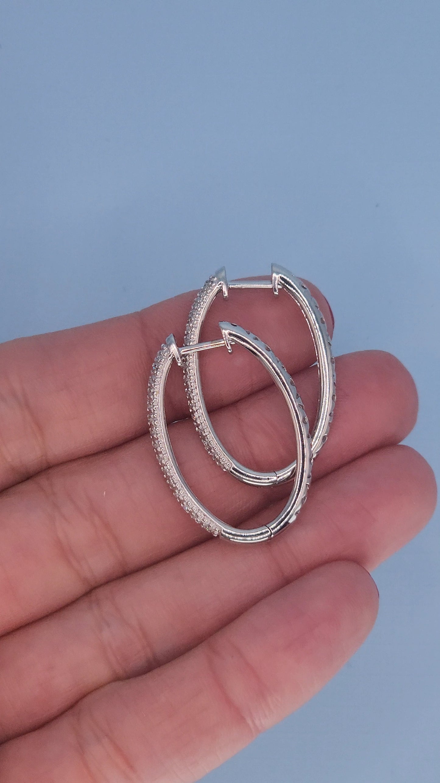 14k White Gold Oval Diamond Hoop Earrings | Double Row Pave Set, 0.40 CTW, Elegant 1.15" Drop