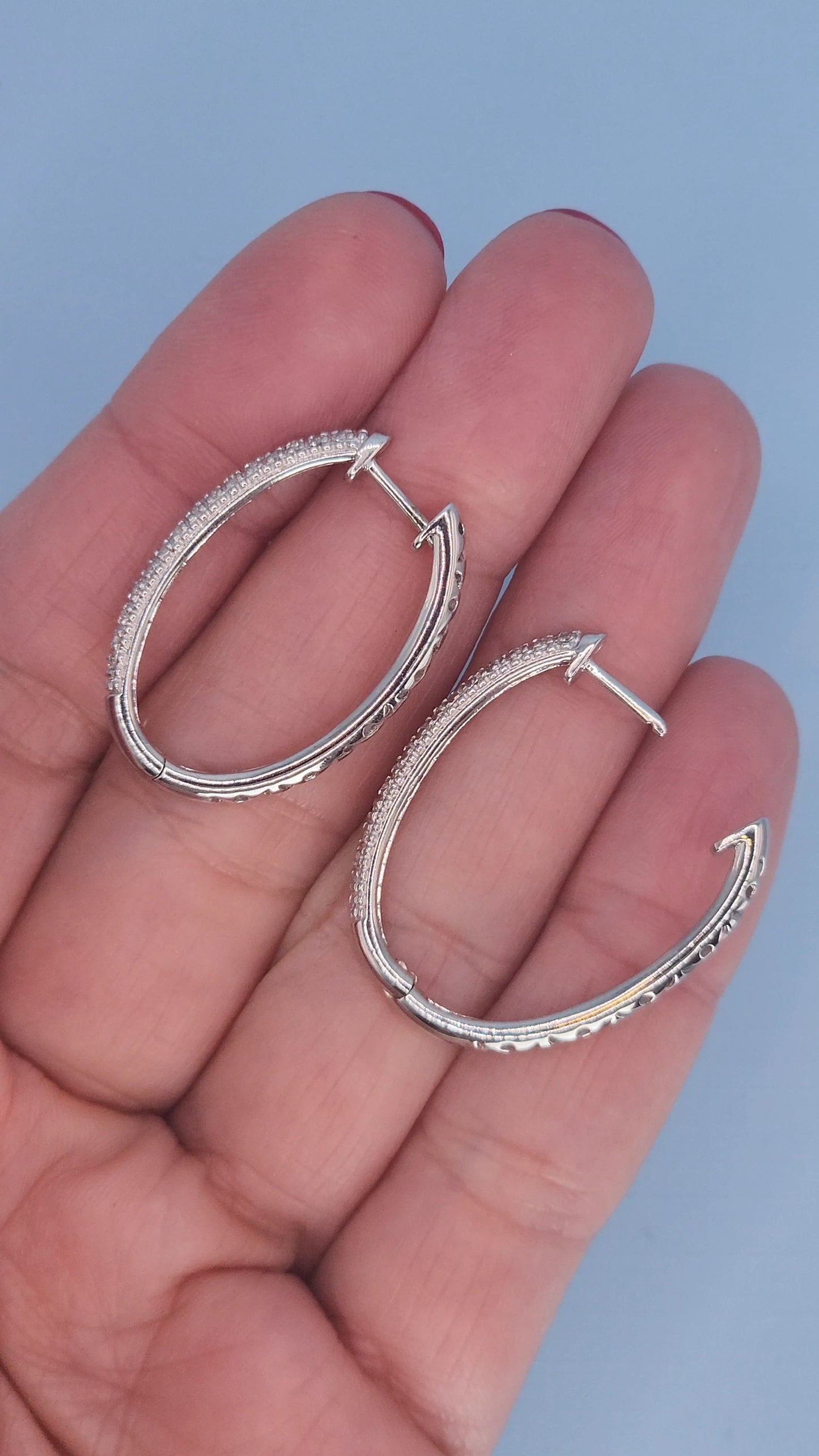 14k White Gold Oval Diamond Hoop Earrings | Double Row Pave Set, 0.40 CTW, Elegant 1.15" Drop