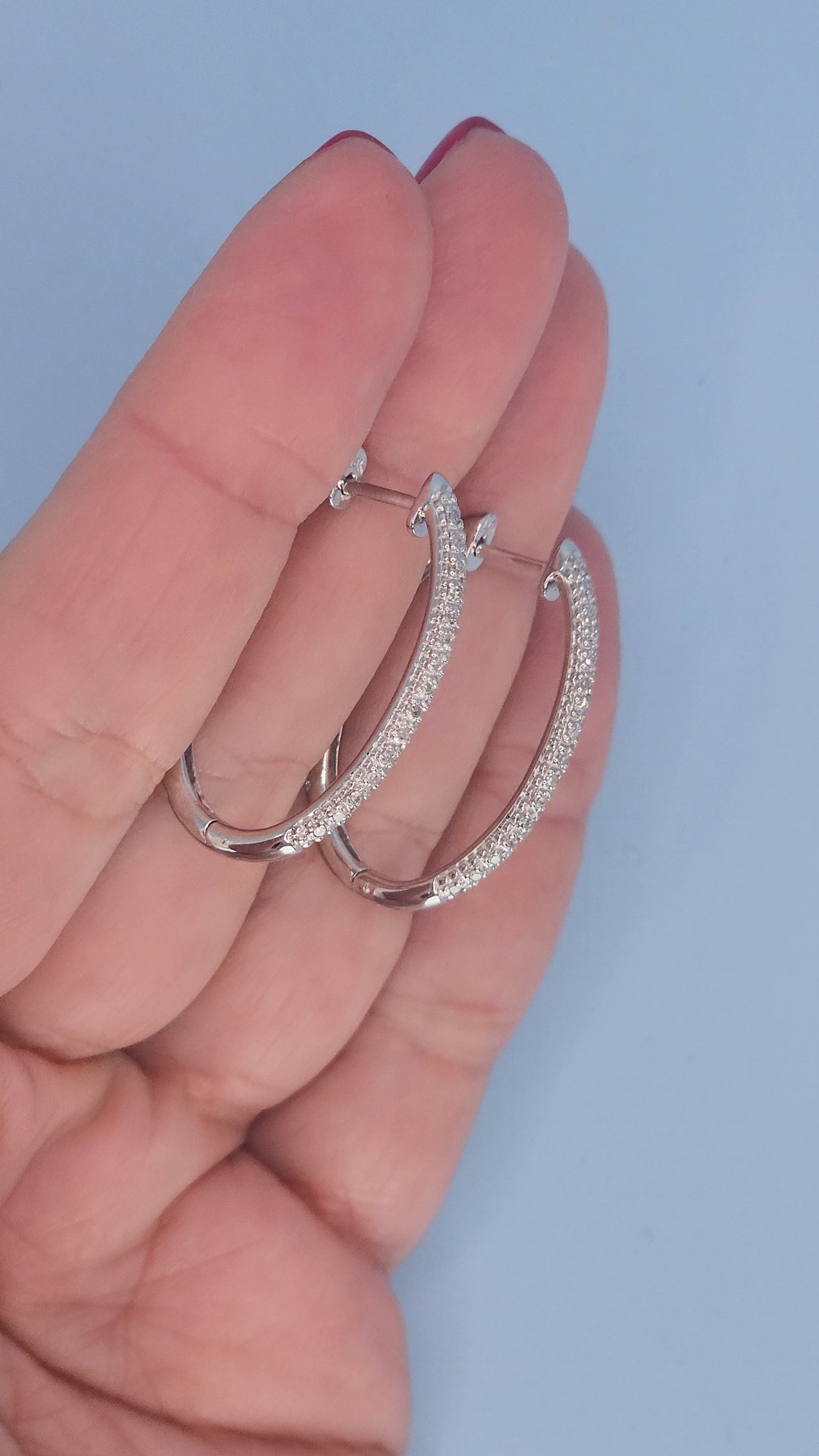 14k White Gold Oval Diamond Hoop Earrings | Double Row Pave Set, 0.40 CTW, Elegant 1.15" Drop