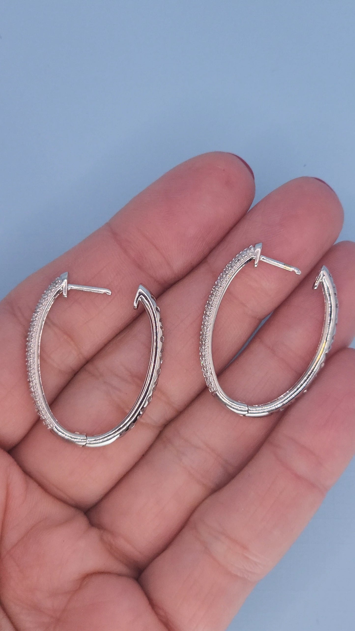 14k White Gold Oval Diamond Hoop Earrings | Double Row Pave Set, 0.40 CTW, Elegant 1.15" Drop